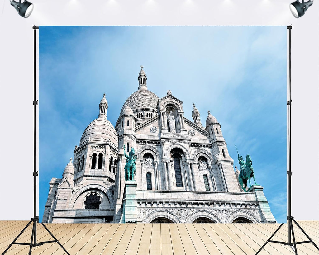Trykid 20x10ft White Stone Basilica Backdrop Green Bronze Statues Clear Sky Photography Background European Landmark Tapestry Party Decoration Photo Studio Prop Fabric