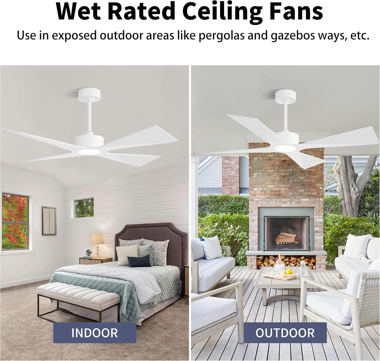WINGBO 54' Wet Rated Outdoor Ceiling Fan with Lights, 4 ABS Plastic Blades, Reversible DC Motor, 6-Speed Remote Control, 3 CCT, Waterproof Ceiling Fan for Patio Porch Gazebo Garage, Gloss White