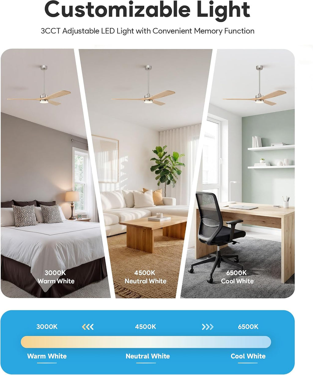 VONLUCE Wood Ceiling Fan with Lights, 60 Inch Ceiling Fan and Remote, 6 Speed Reversible Noiseless DC Motor, 3CCT, Solid Wood Outdoor Ceiling Fan for Patios Farmhouse, Nickel