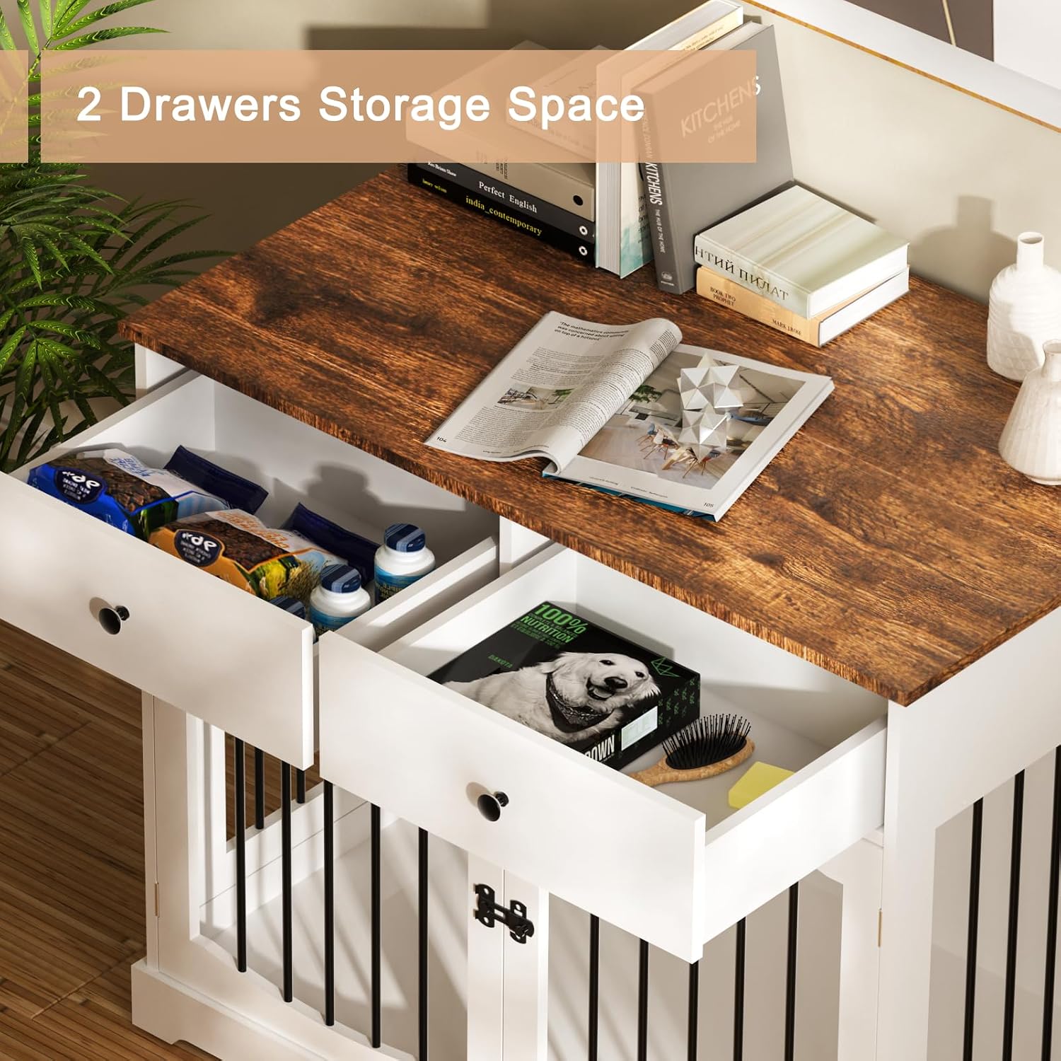 BREEZEHEAT 40 inch Dog Crate Furniture-Farmhouse Dog Kennel with Drawers-End Table Wooden Pet Crate, Double Door Design, Decorative Dog House Indoor for Small Medium Large Dog,Brwon