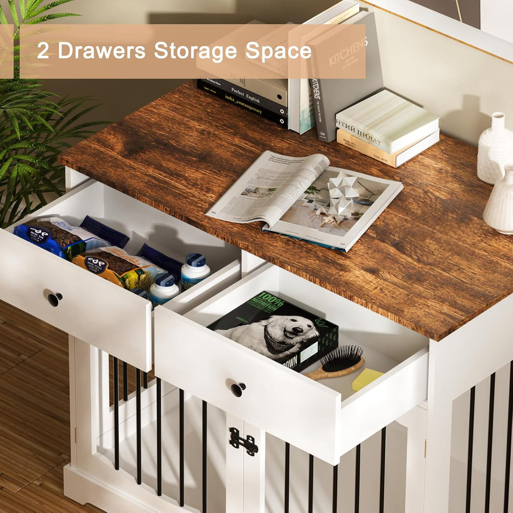 BREEZEHEAT Dog Crate Furniture with Drawers-Farmhouse Dog Kennel, White, 40 inch