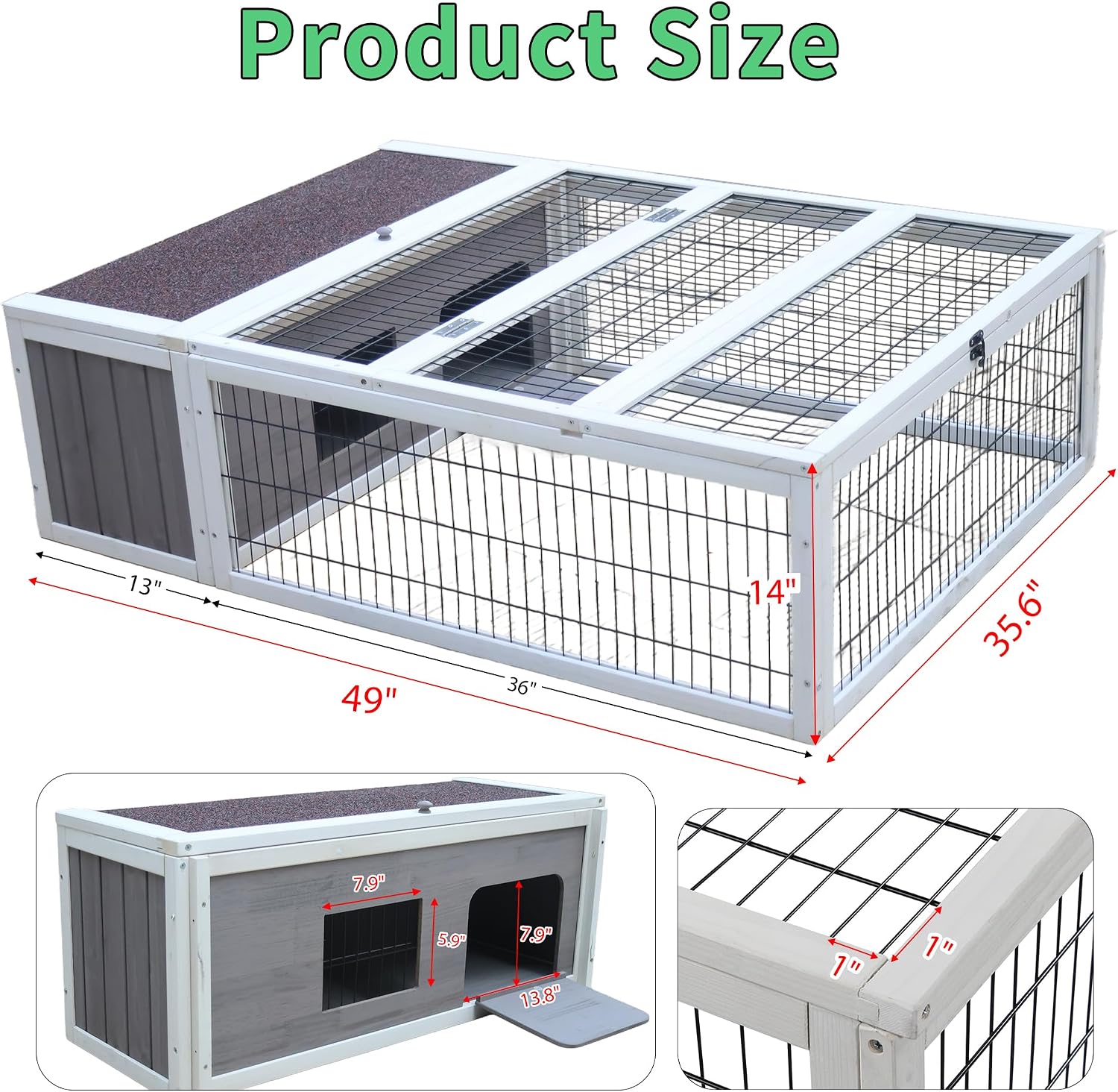 Tortoise House Habitat Wooden, Chicken Coop with Run Rabbit Hutch Small Animal Hutch Enclosure Indoor/Outdoor-Grey + White Trim