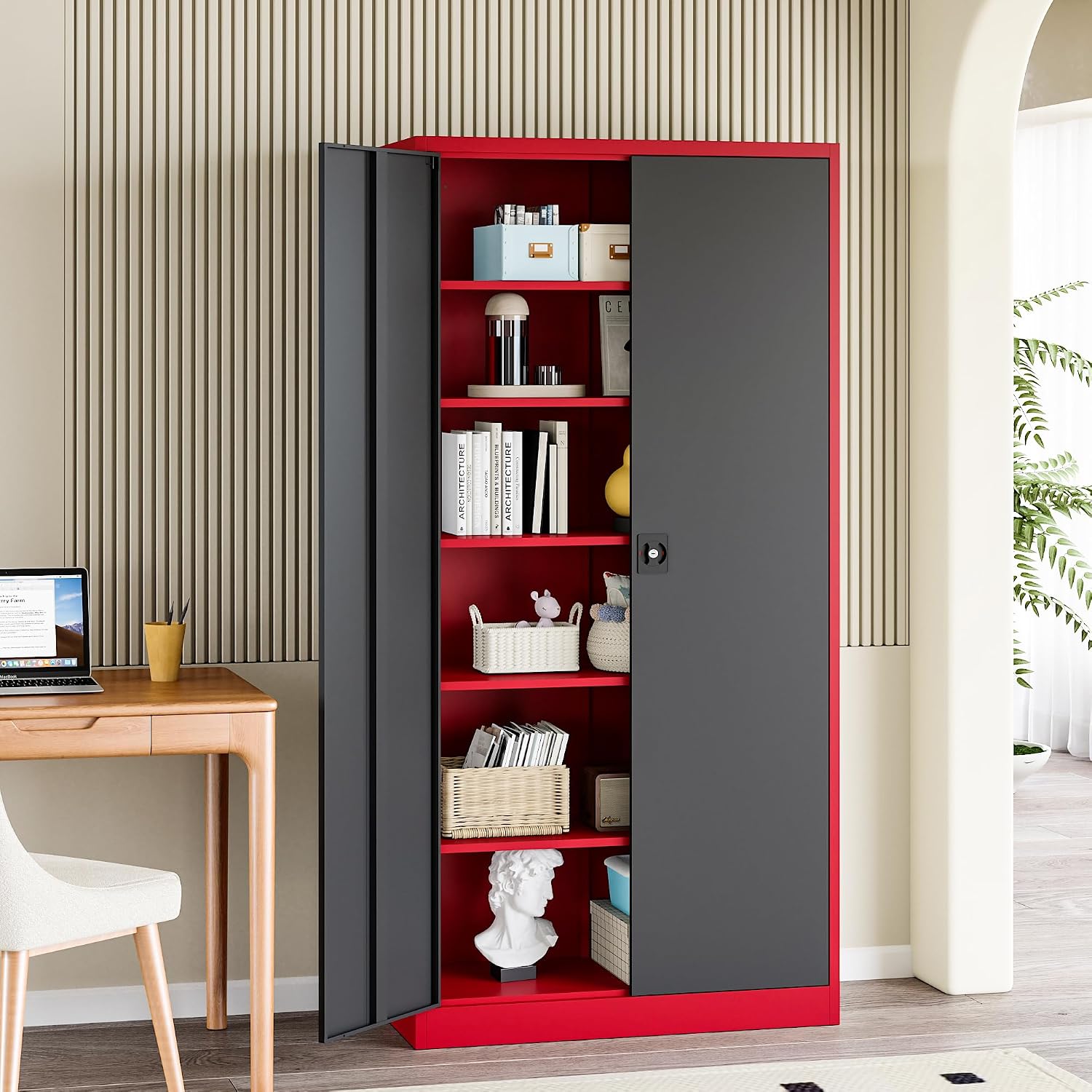 RAVIGIN Metal Garage Storage Cabinet with Lock, 72' Locking Tool Cabinet with 2 Doors and 5 Adjustable Shelves, Tall Steel Cabinet Garage for Home,Office,Warehouse，School (Red Black)