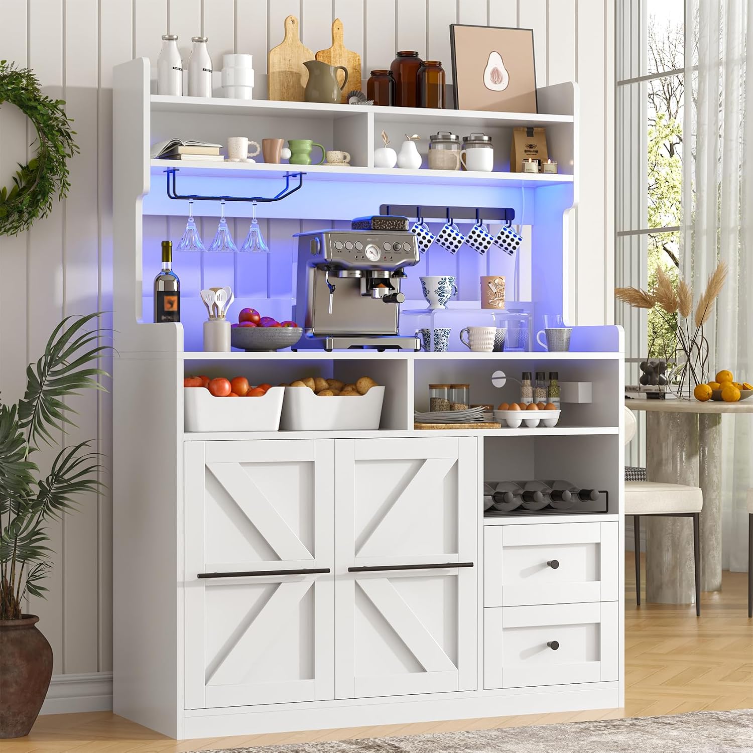 VVFLU Hutch Storage Buffet Cabinet with Drawers, and Charging Station, Coffee Bar Cabinet with Barn Doors, Wine Rack and Hooks, White Wood Sideboard Buffet for Kitchen, Dining Room, 54.5' High