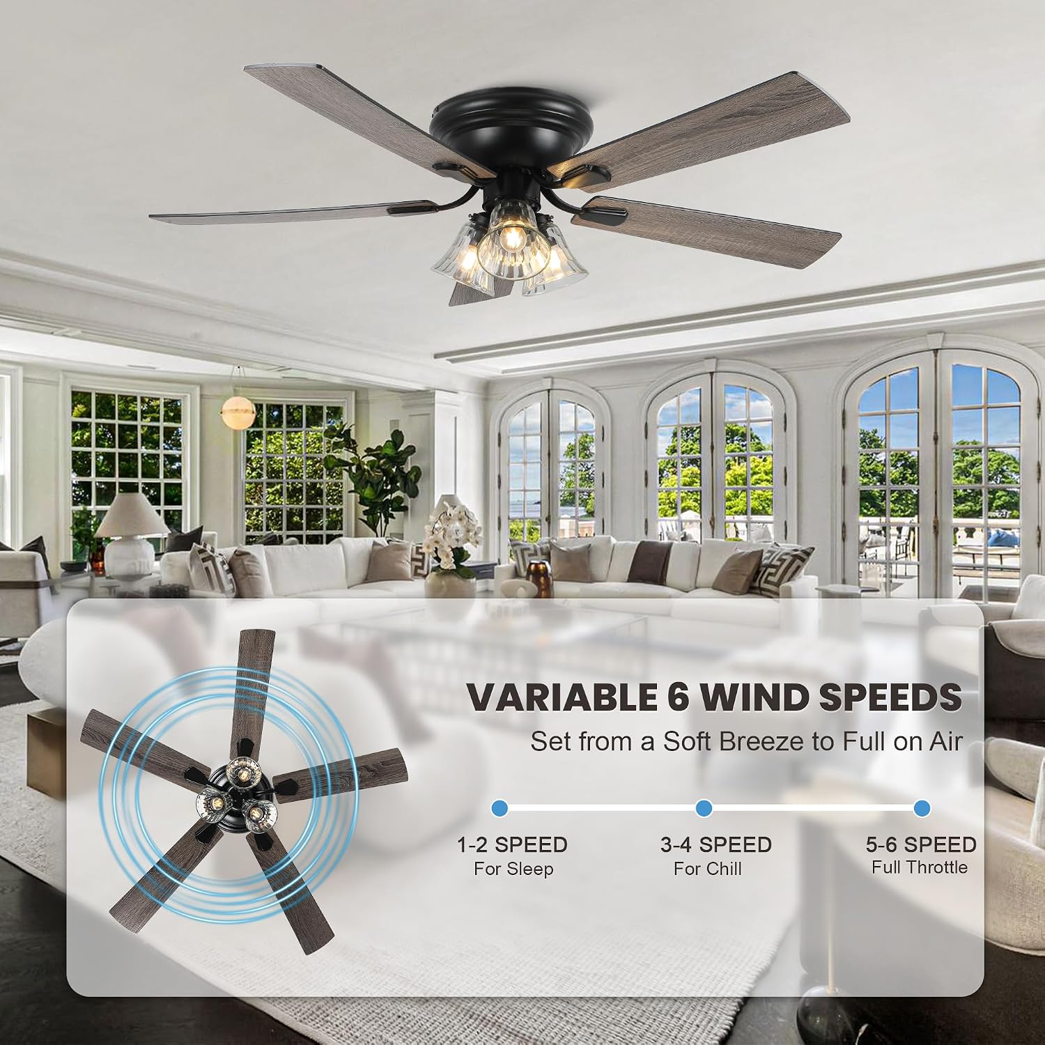Dawn Whisper 52 Inch Ceiling Fan with Light Flush Mount Classic Vintage Farmhouse Ceiling Fan with 3 E26 Covered Energy Efficient Light Bulbs Base