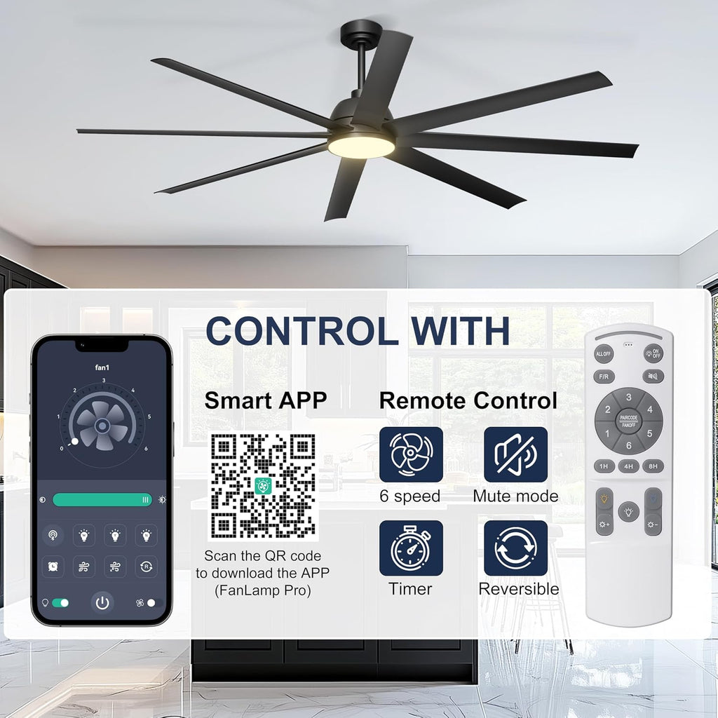 72'' Ceiling Fan with Light - Remote & APP Control, 3 CTT Dimmable, 6 Speed Reversible DC Motor Fan for Shop, Garage, Covered Outdoor, Black