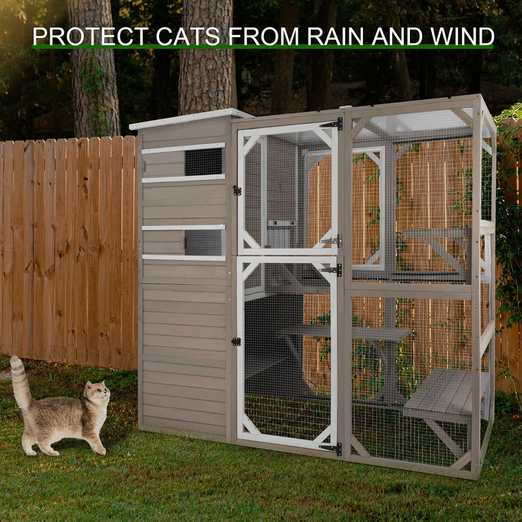PetsCosset Catio Cat Enclosure Outdoor, Large Cat House Outdoor Weatherproof Attached to Window for Multi Cats, Asphalt and UV Protection Roofs, Multi Platforms-71 H 77' L