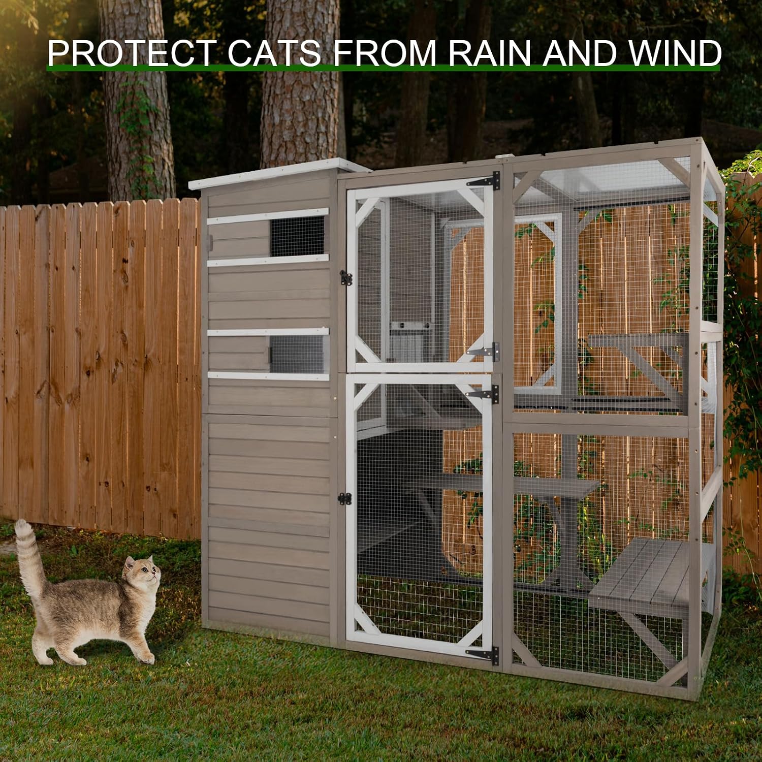 PetsCosset Catio Cat Enclosure Outdoor, Large Cat House Outdoor Weatherproof Attached to Window for Multi Cats, Asphalt and UV Protection Roofs, Multi Platforms-71 H 77' L