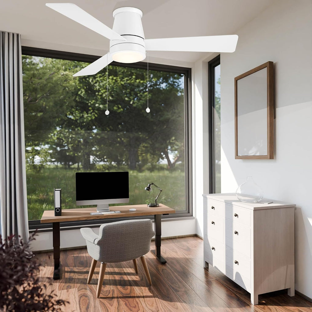 WAC Lighting Hug Indoor or Outdoor 3-Blade 52in Pull Chain Flush Mount Ceiling Fan in Matte White with Adjustable CCT 2700-3000-4000-5000K Dimmable LED Light Kit and Memory Function