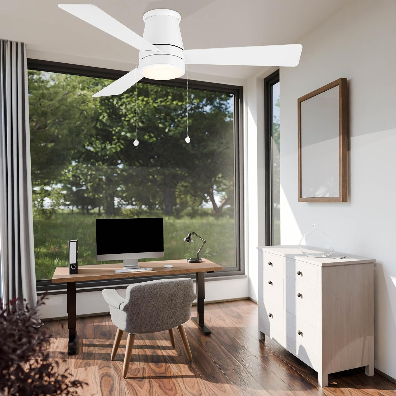WAC Lighting Hug Indoor or Outdoor 3-Blade 52in Pull Chain Flush Mount Ceiling Fan in Matte White with Adjustable CCT 2700-3000-4000-5000K Dimmable LED Light Kit and Memory Function