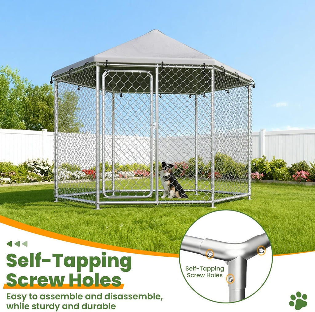 6.8x6.8 FT Extra Large Outdoor Dog Kennel Outside, Heavy Duty Outdoor Dog Enclosure with Waterproof Cover and Security Lock, Galvanized Wire Mesh Hexagonal Dog Cage for Large Dogs