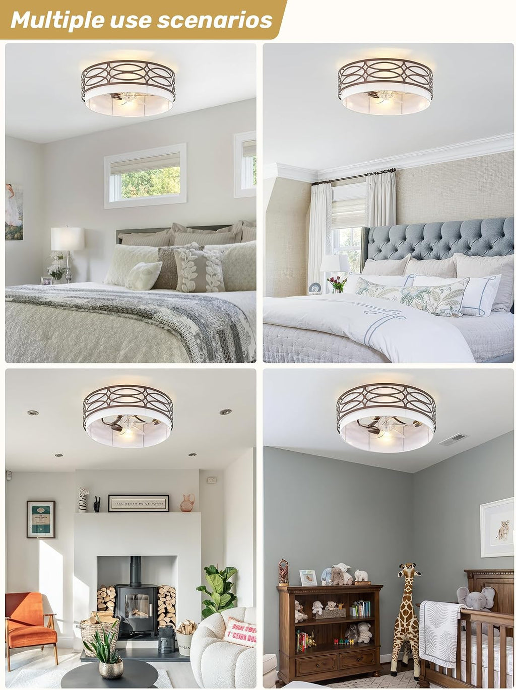 20' Brown Flush Mount Ceiling Fan with Light, Caged Boho Ceiling Fan with Lights Remote Control with 6 Speeds for Bedroom, Living Room, Nursery