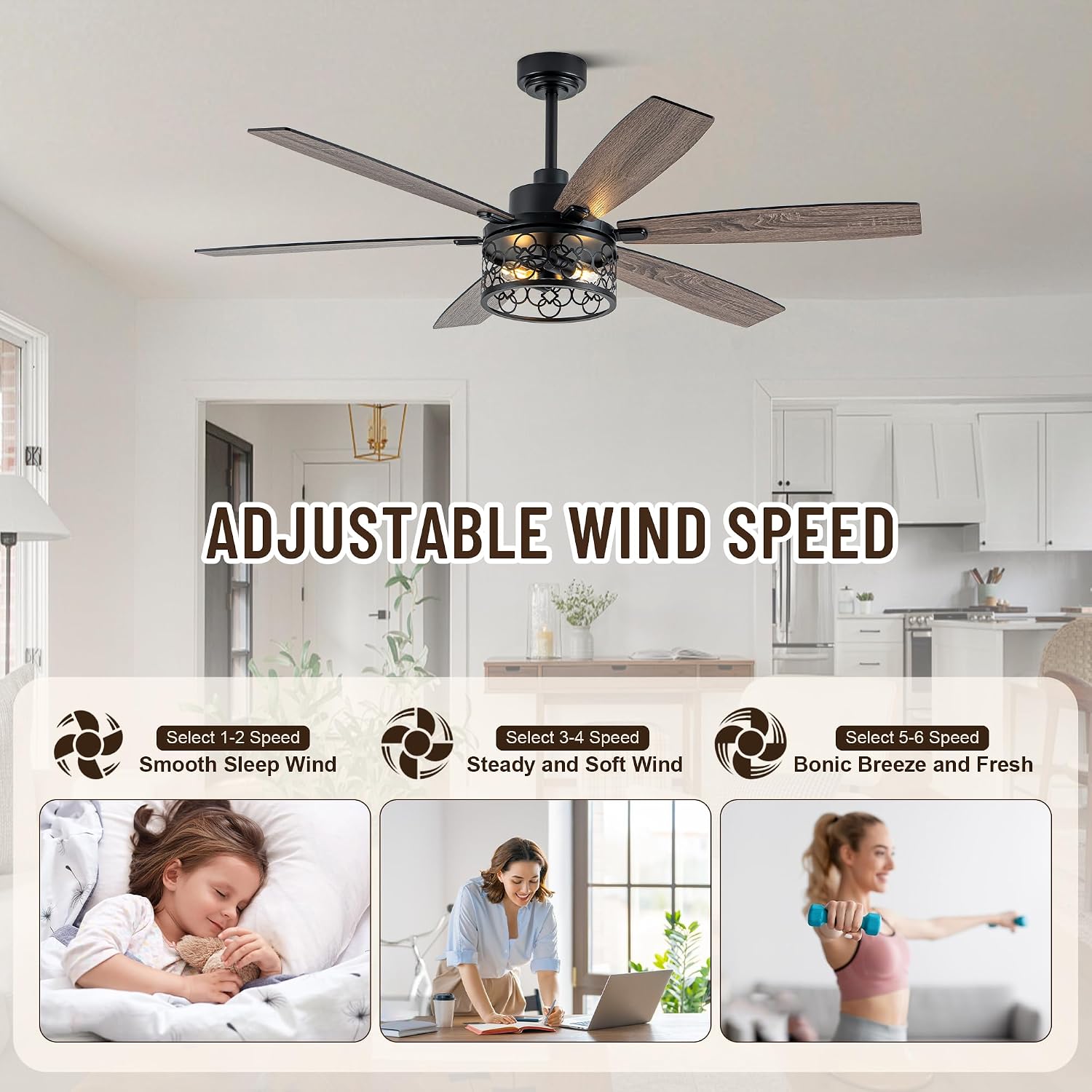 60' Large Ceiling Fans with Lights, Modern Farmhouse Caged Ceiling Fan with Light and Remote, Reversible Motor, 6 Double Finish Wood Blades, Black Rustic Industrial Ceiling Fan for Living Room