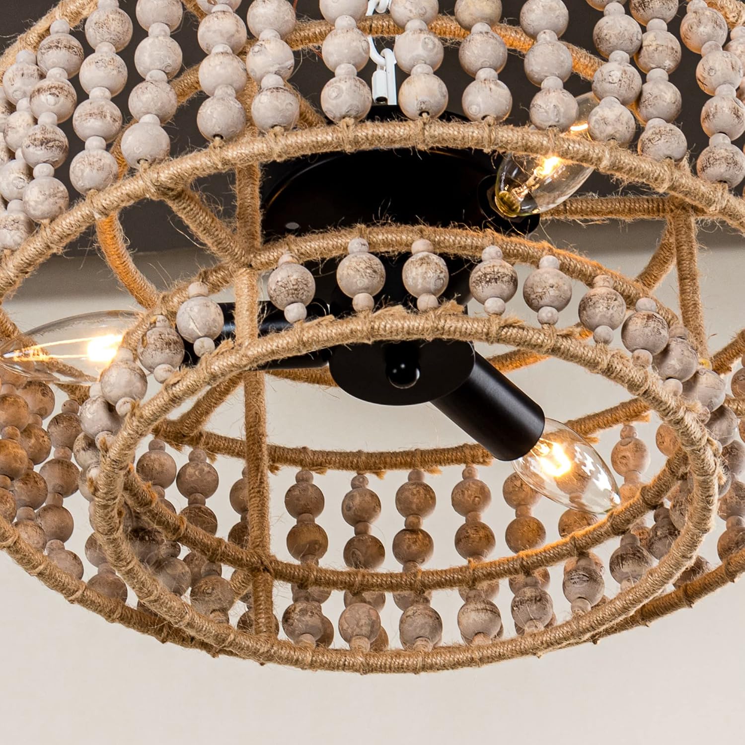 Parrot Uncle Farmhouse Chandeliers for Dining Room, Bohemia Wood Beaded Kitchen Chandelier Over Table, Rustic Flush Mount Ceiling Light for Bedroom, Entryway, Foyer, Hallway, 3-Light