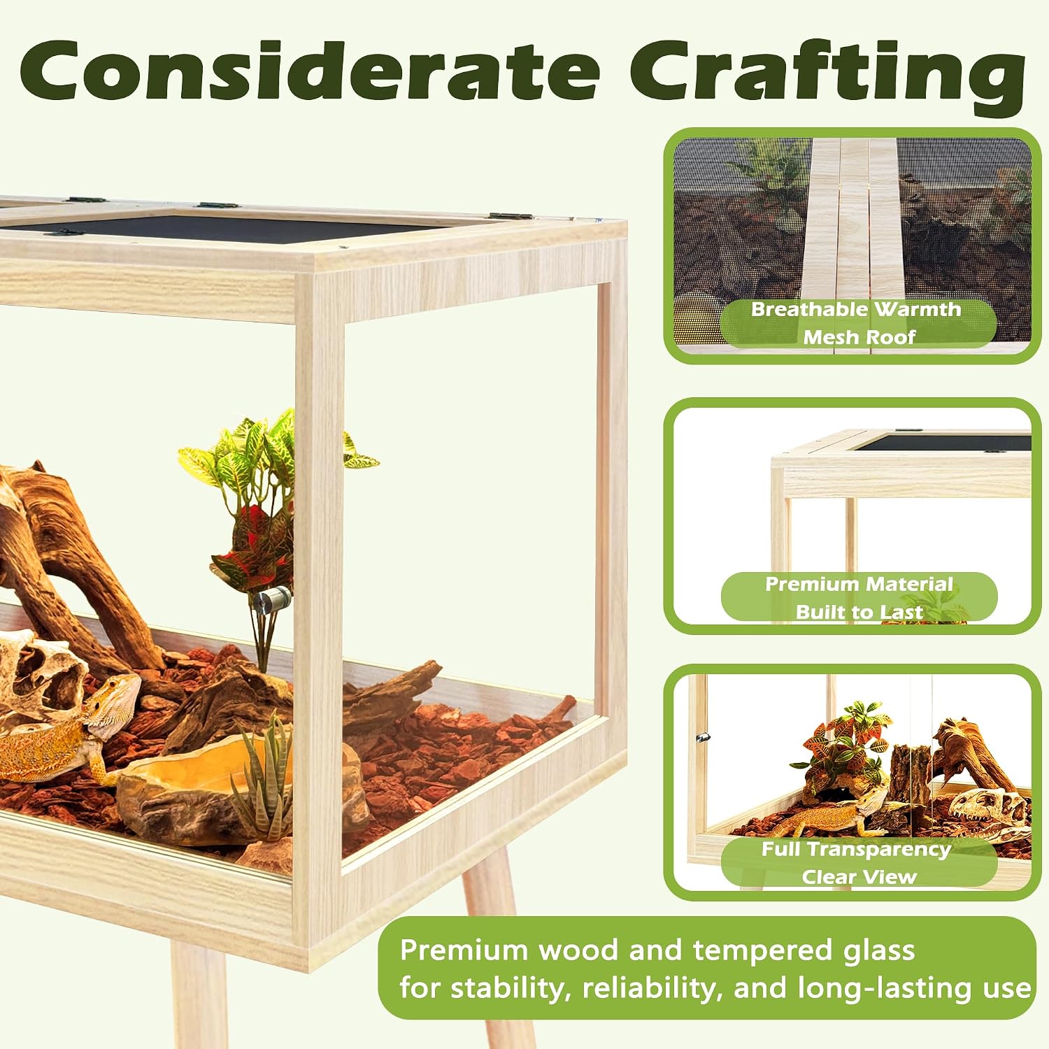 PROLEE Bearded Dragon Tank with Legs, 30 Gallon Tempered Glass Lizard Tank, Reptile Enclosure with Metal Mesh and Lockable Door, Reptile Tank for Snakes,Chameleon (Oak, 24x15.5x15.5 Inch)