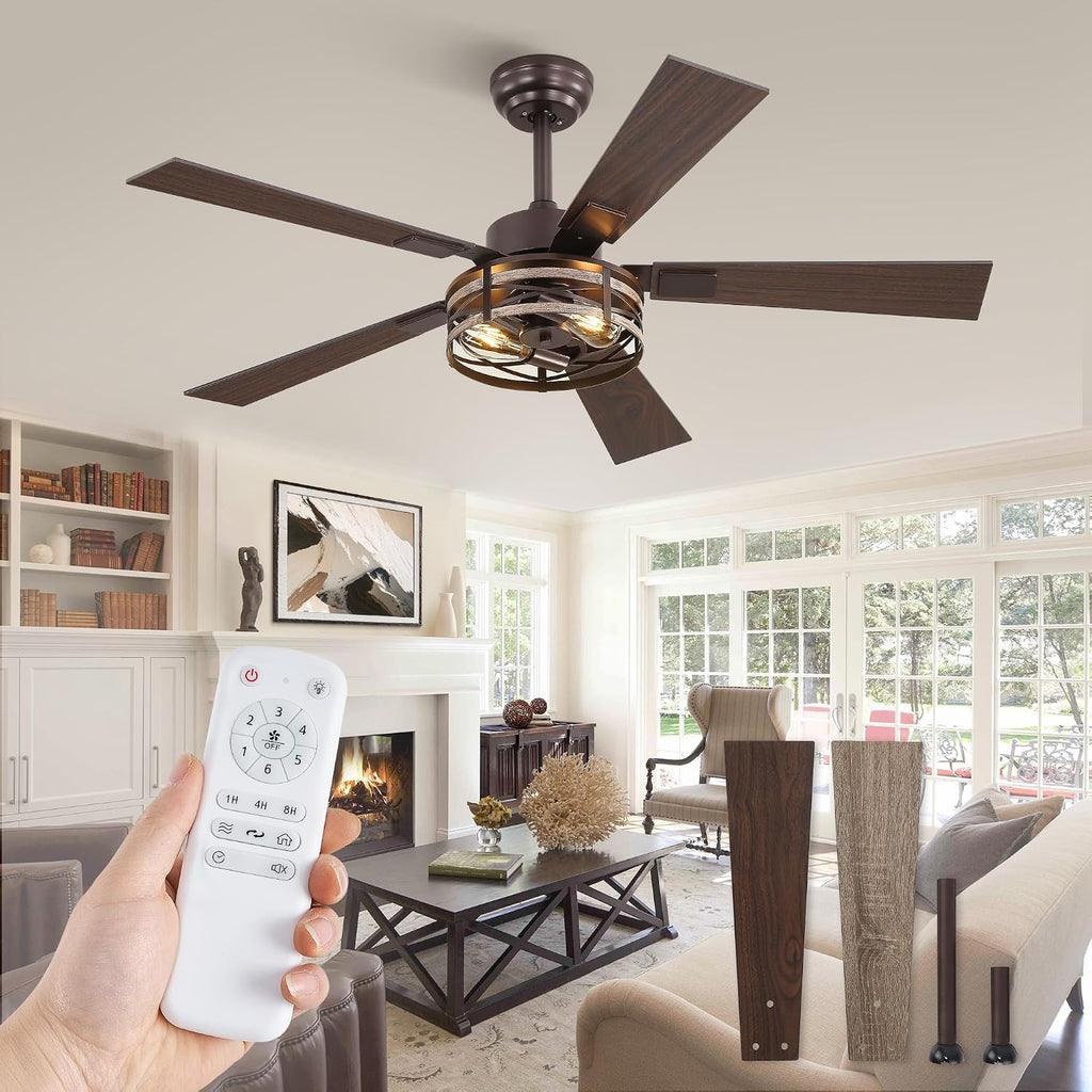 Fanbulous Farmhouse Ceiling Fans with Light, 48 Inch Bedroom Ceiling Fan with Lights, 6-Speed Adjustable, Quiet and Reversible DC Motor, 5 Dual Finish Blades, Rustic Caged Ceiling Fan，Oil Bronze