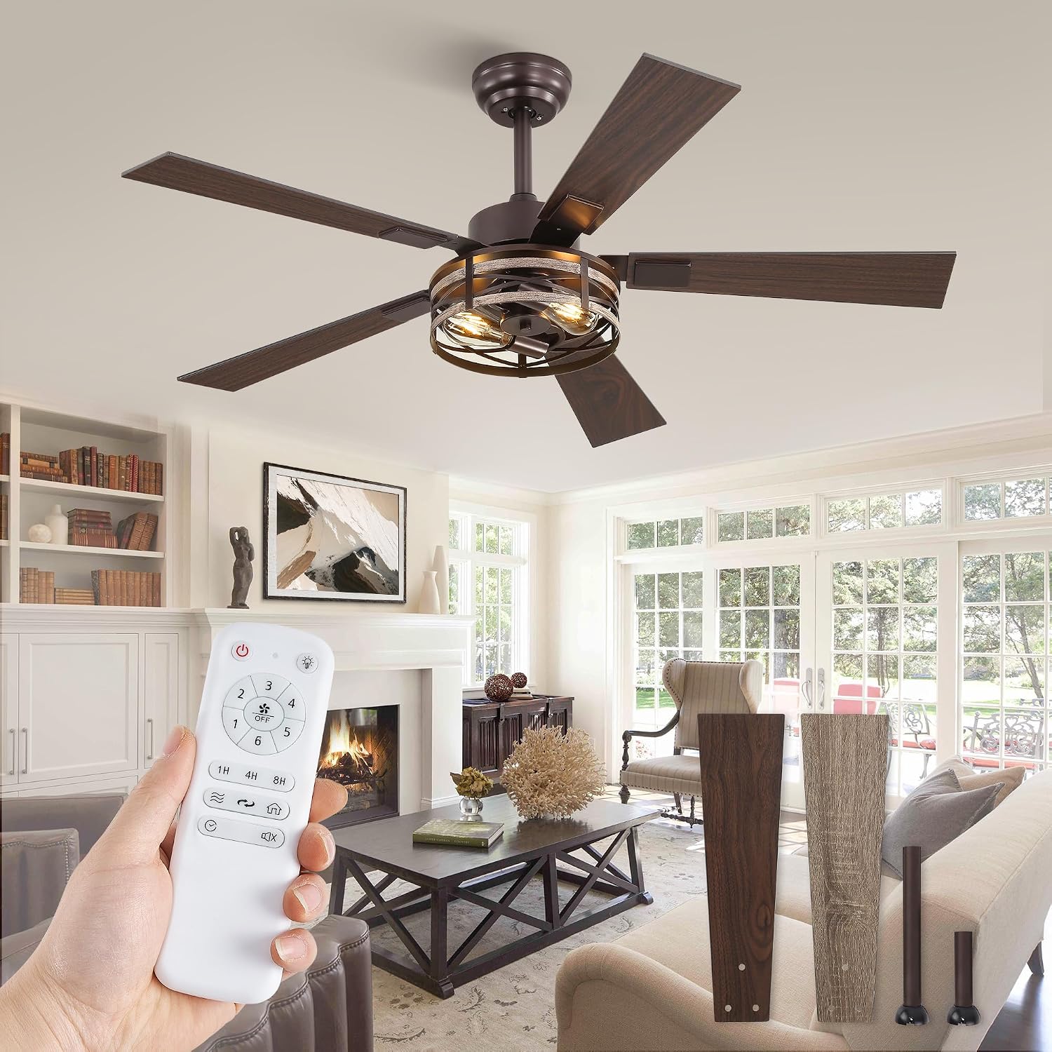 Fanbulous Farmhouse Ceiling Fans with Light, 48 Inch Bedroom Ceiling Fan with Lights, 6-Speed Adjustable, Quiet and Reversible DC Motor, 5 Dual Finish Blades, Rustic Caged Ceiling Fan，Oil Bronze