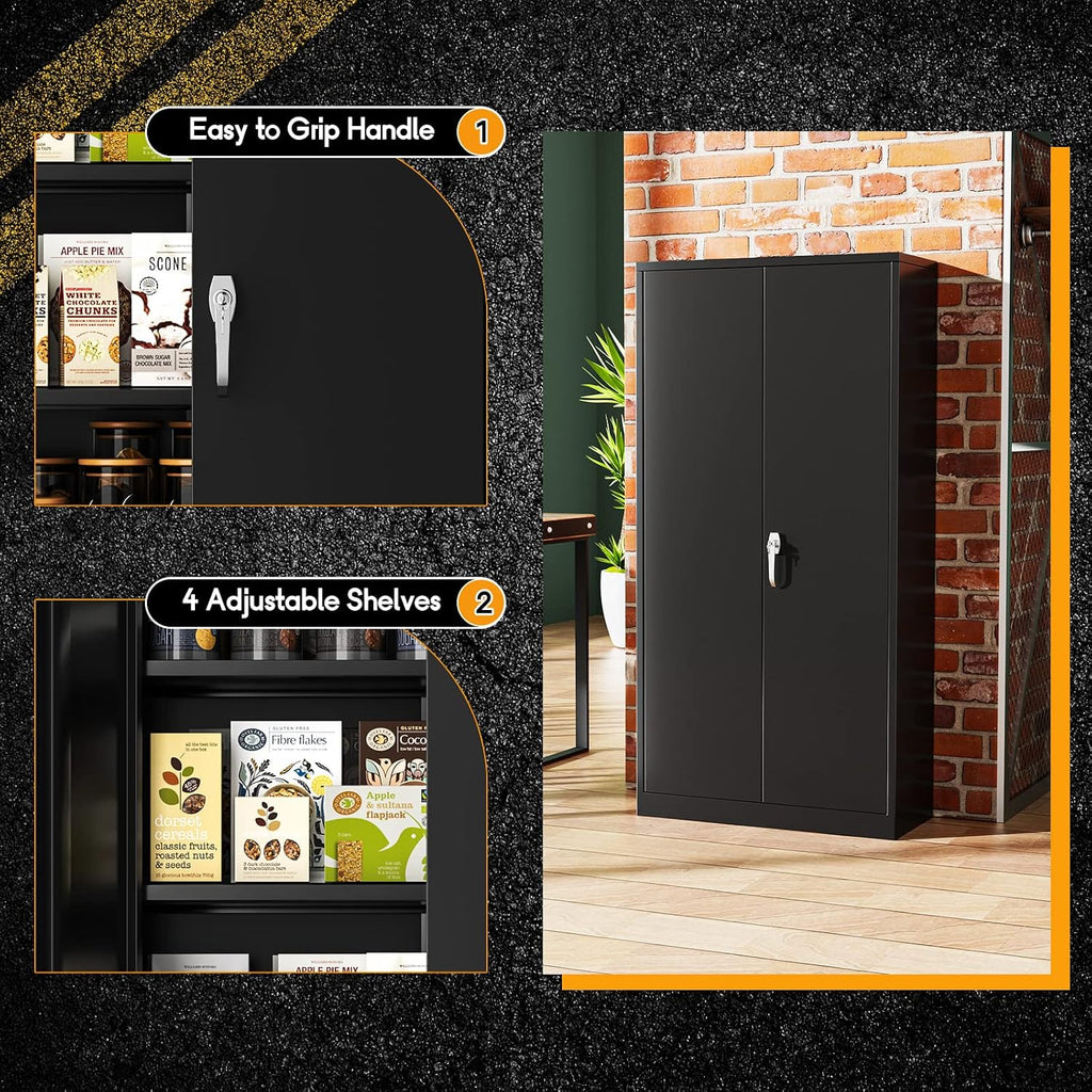Greenvelly Storage Cabinet, 72' Black Garage Steel Locking Cabinet with Doors and 4 Adjustable Shelves, Tall Lockable File &Tool Cabinet for Home Office, Metal Classroom Cabinet Basement