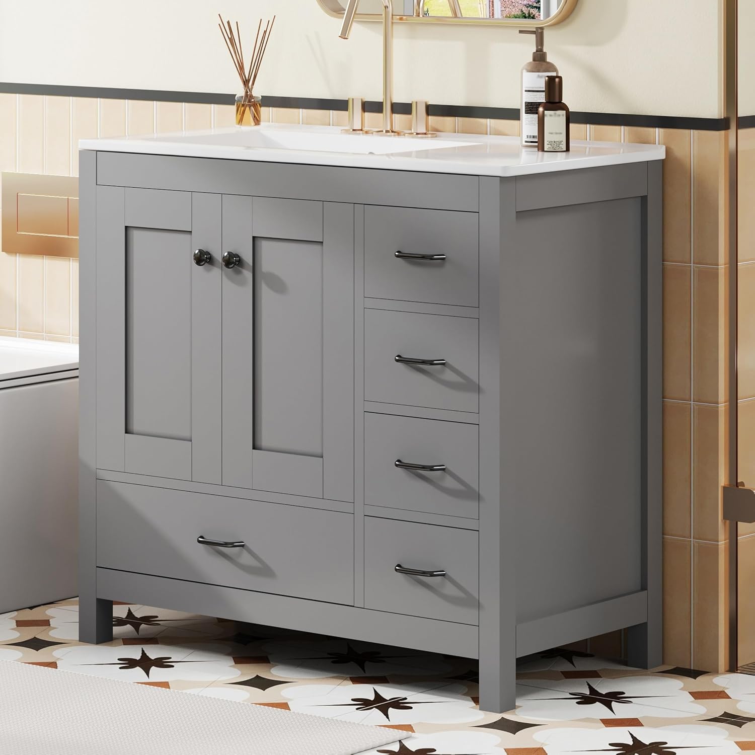 LUMISOL 36 Inch Bathroom Vanity with Sink, Freestanding Bathroom Cabinet with Ceramic Sink, Modern Single Vanity with Soft Close Doors & Drawers for Guest Bath, Master Suite, Rental, Grey