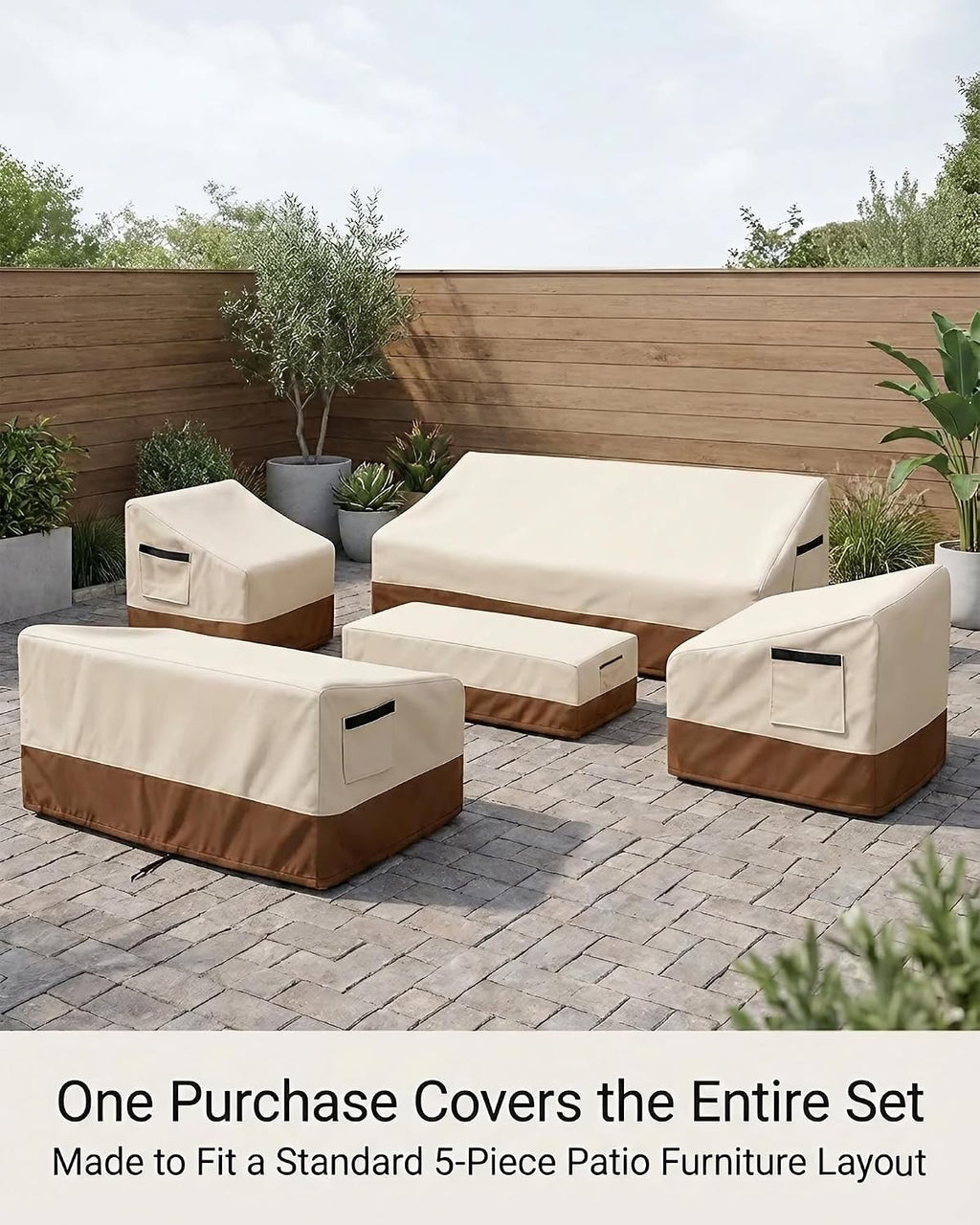 5 Piece Patio Furniture Cover Set, Waterproof Outdoor Furniture Covers for 3-Seater Sofa, Loveseat, Chairs & Coffee Table, Heavy Duty 600D Lawn Patio Set Covers, UV-Resistant All-Season, Beige&Brown