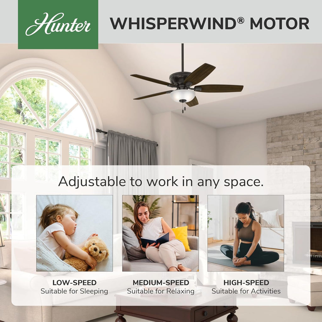Hunter 52 inch Indoor Ceiling Fan with LED Light - Bronze Ceiling Fan with Pull Chain, For Bedroom, Living Room, or Kitchen, Standard Mount, No Remote, 5 Blades - Kenbridge 53376, Noble Bronze