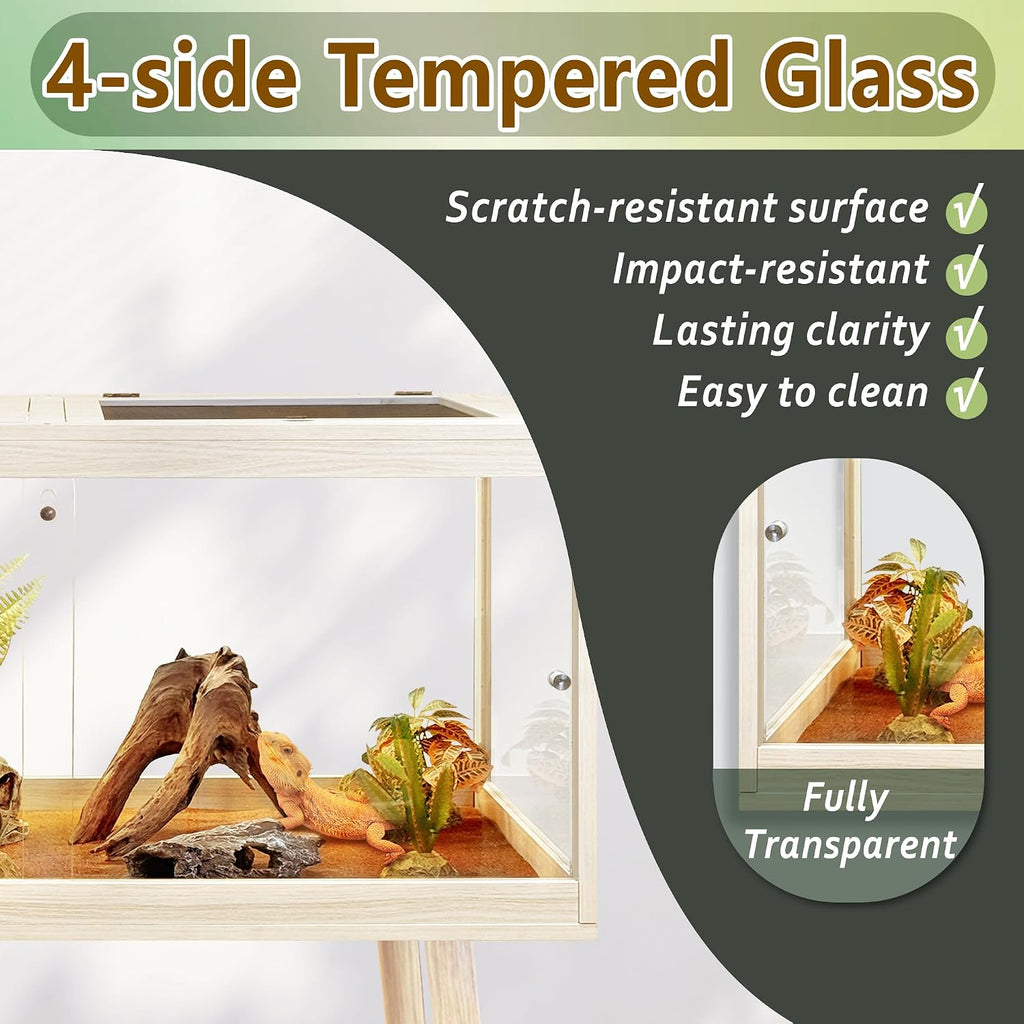 PROLEE Reptile Enclosure with Leg, 30 Gallons Bearded Dragon Tank, Tempered Glass Lizard Tank with Metal Mesh Tops and Lockable Door, Spacious Reptile Habitat for Snake,Lizard (Oak)