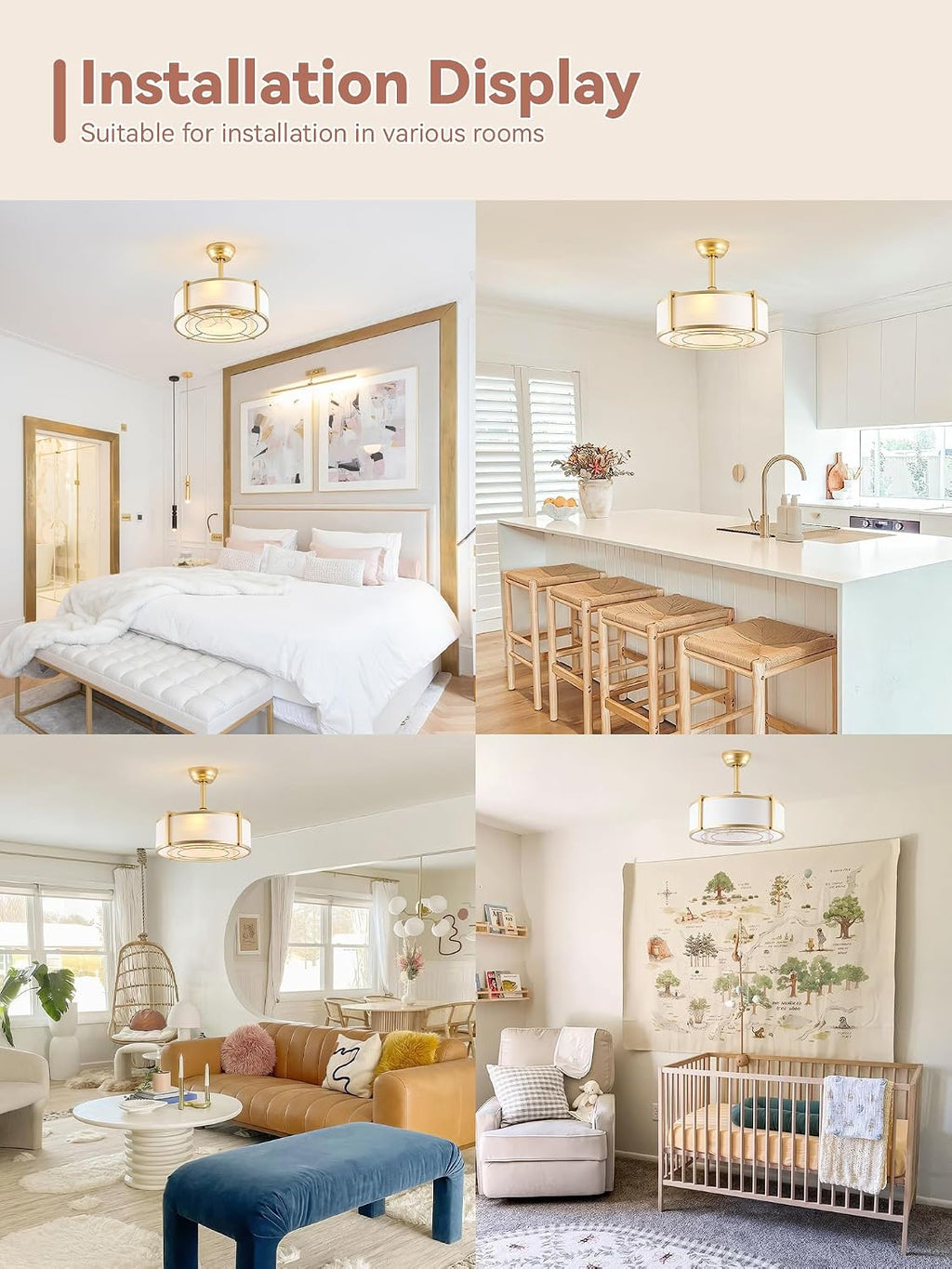 20' Gold Fandelier Ceiling Fans with Lights, Boho Rattan Ceiling Fan with Light Remote Control, Caged Mid-Century Modern with 6 Speeds for Bedroom, Nursery, Living Room