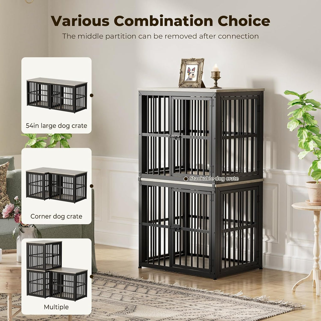 Lyromix 54'' Dog Crate Furniture with Double Rooms,Wooden Crate End Table Heavy Duty Indoor Puppy Cage for 2 Small Dogs, Multiple Units Can be Combined, Grey