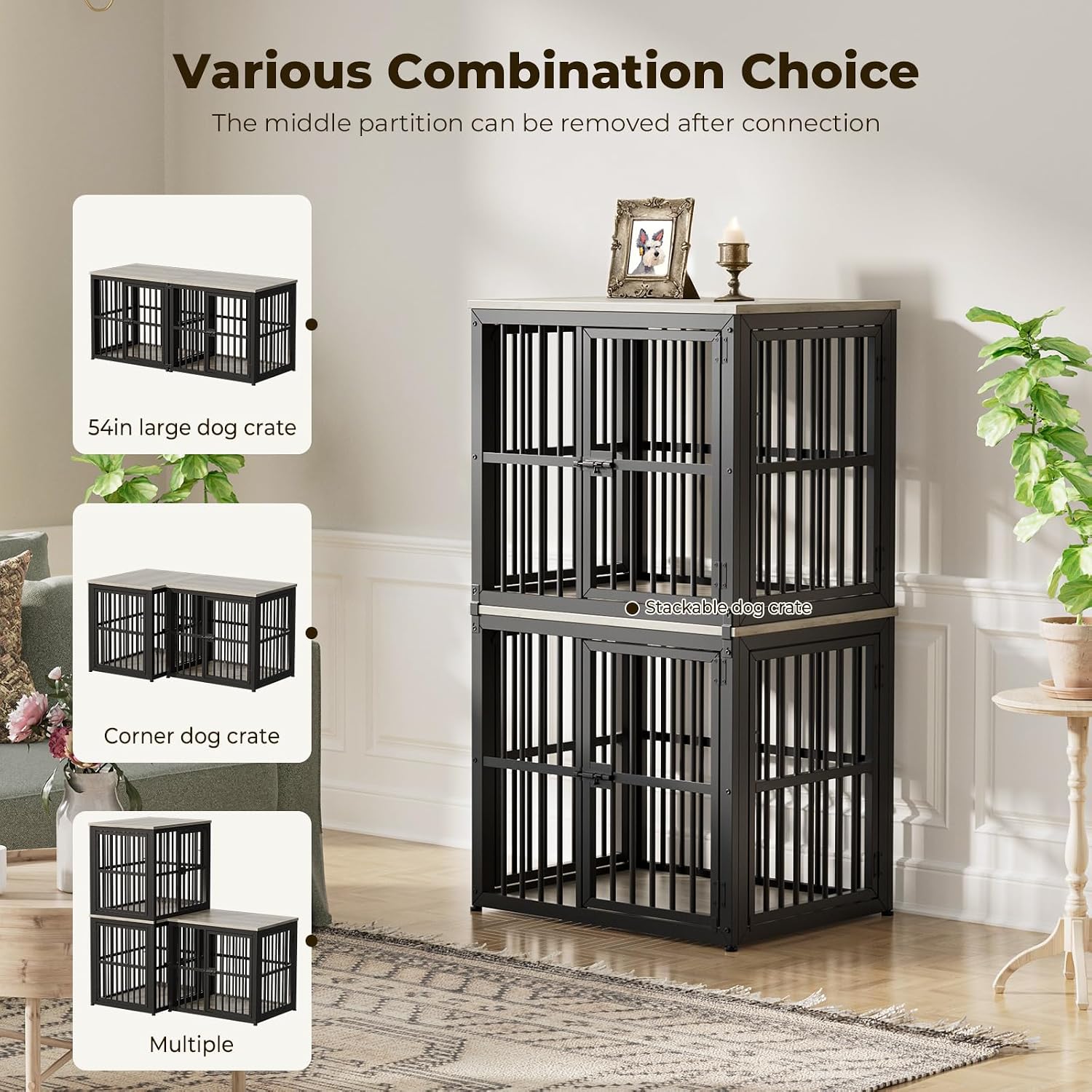 Lyromix 54'' Dog Crate Furniture with Double Rooms,Wooden Crate End Table Heavy Duty Indoor Puppy Cage for 2 Small Dogs, Multiple Units Can be Combined, Grey