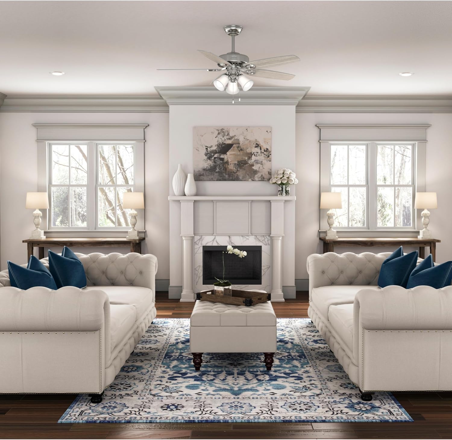 Hunter 52 inch Indoor Ceiling Fan with LED Lights - Ceiling Fan with Pull Chain, For Bedroom or Living Room, Standard Mount, No Remote, 5 Blades, Includes Bulbs - Builder Plus 51111, Brushed Nickel