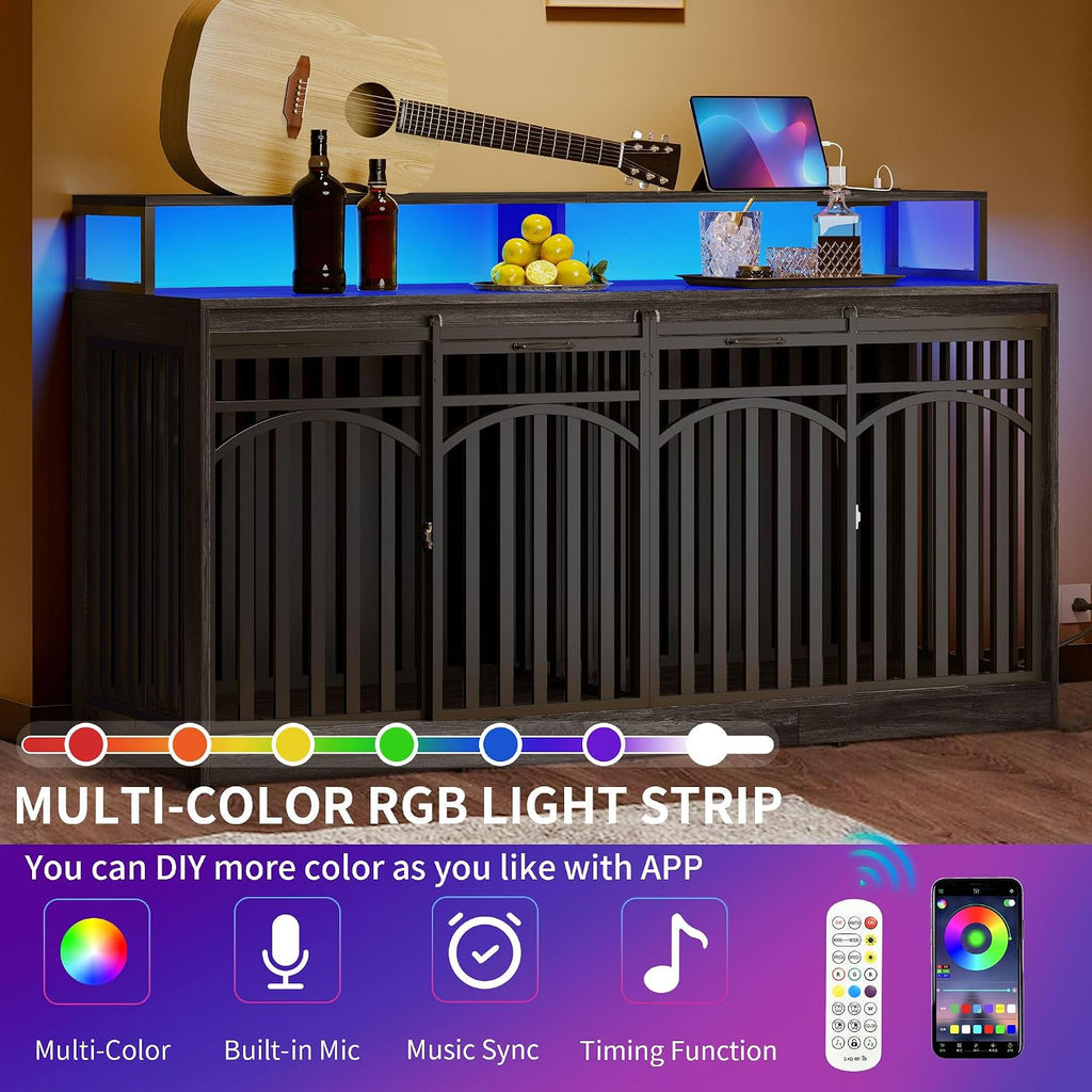 DWVO 71' Double Dog Crate Furniture with LED Light & Power Outlets, Heavy Duty Dual Dog Kennel TV Stand w Storage Shelves Sliding Doors, Wooden Two Dog Cage Table 2 Medium Large Dogs, Black Oak