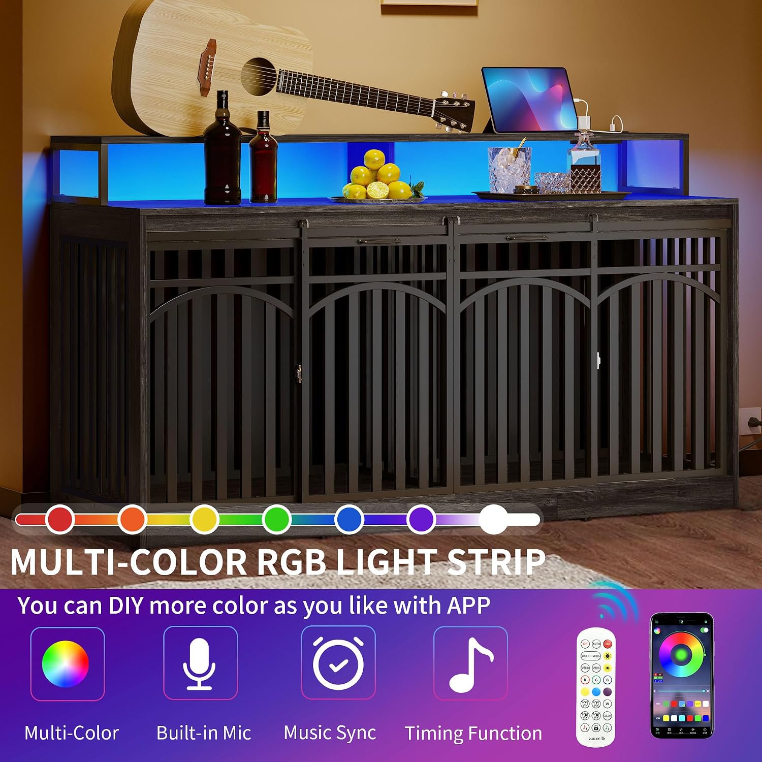 DWVO 71' Double Dog Crate Furniture with LED Light & Power Outlets, Heavy Duty Dual Dog Kennel TV Stand w Storage Shelves Sliding Doors, Wooden Two Dog Cage Table 2 Medium Large Dogs, Black Oak