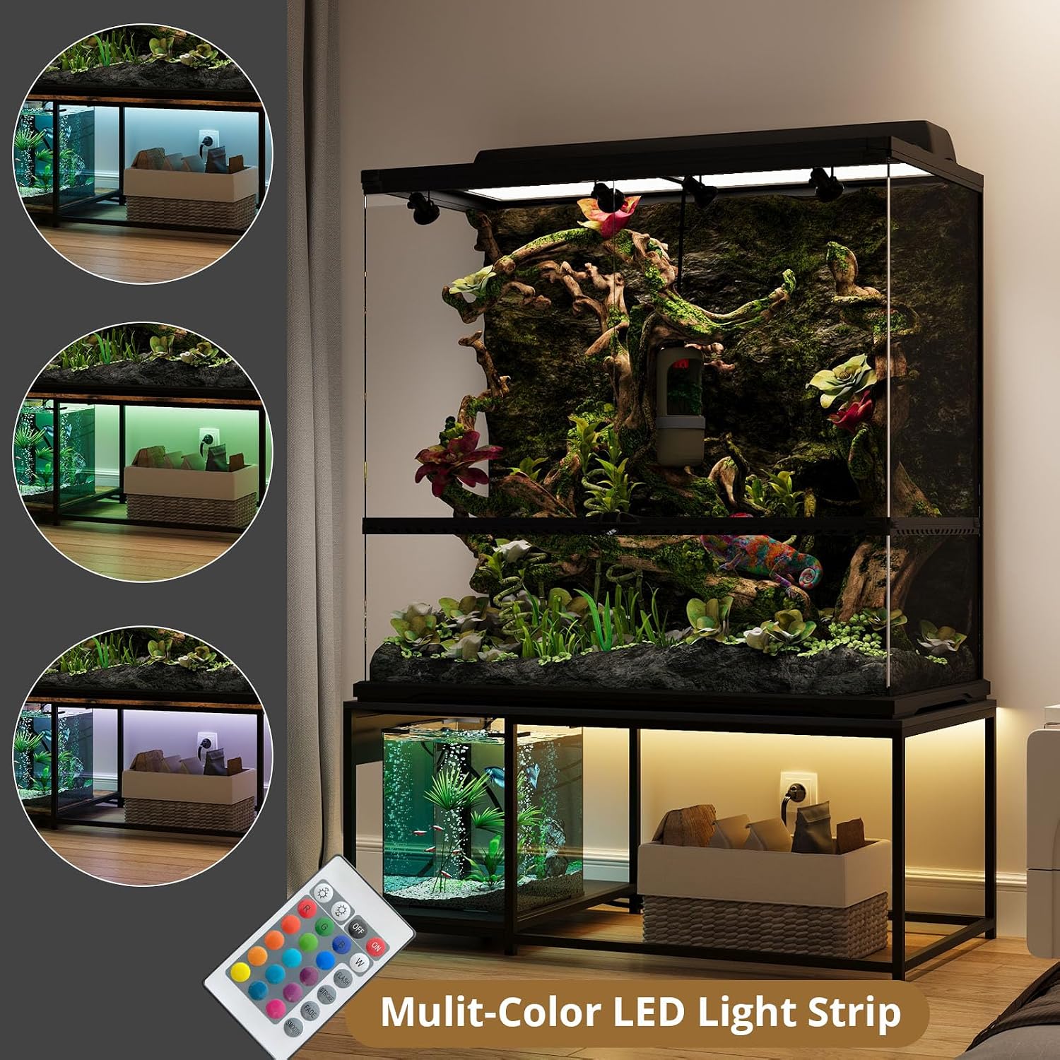 120 Gallon Reptile Tank Stand – 48'x24' Terrarium Stand for Stacked 4x2x2 PVC Tanks, Chameleon Cage, Ball Python Tank, Lizard Tank & Tall Reptile Enclosure with Power Outlets (Only Stand)