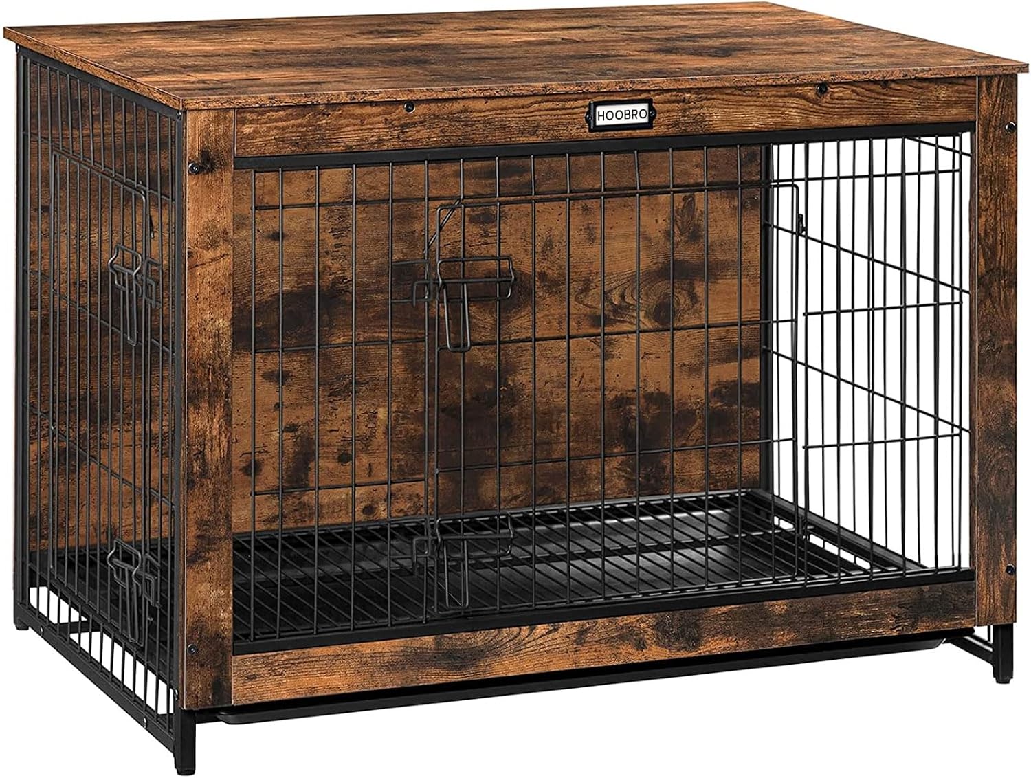 HOOBRO Dog Crate Furniture, 38.6' Large Dog Kennel Indoor, Wooden Cage with Pull-Out Tray, Double Doors Pet House Side End Table for Large/Medium/Small Dogs, Rustic Brown BF982GW03G1