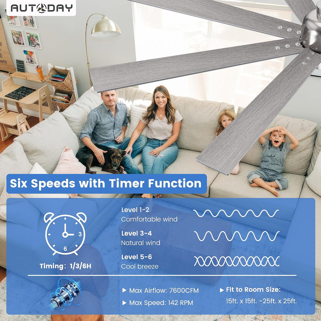 Large Ceiling Fans with Lights and Remote - 62 Inch Brushed Nickel Ceiling Fan with Light, Quiet DC Motor, 3 CCT, Modern Dimmable Lighting & Ceiling Fans for Living Room Patio,Indoor/Outdoor