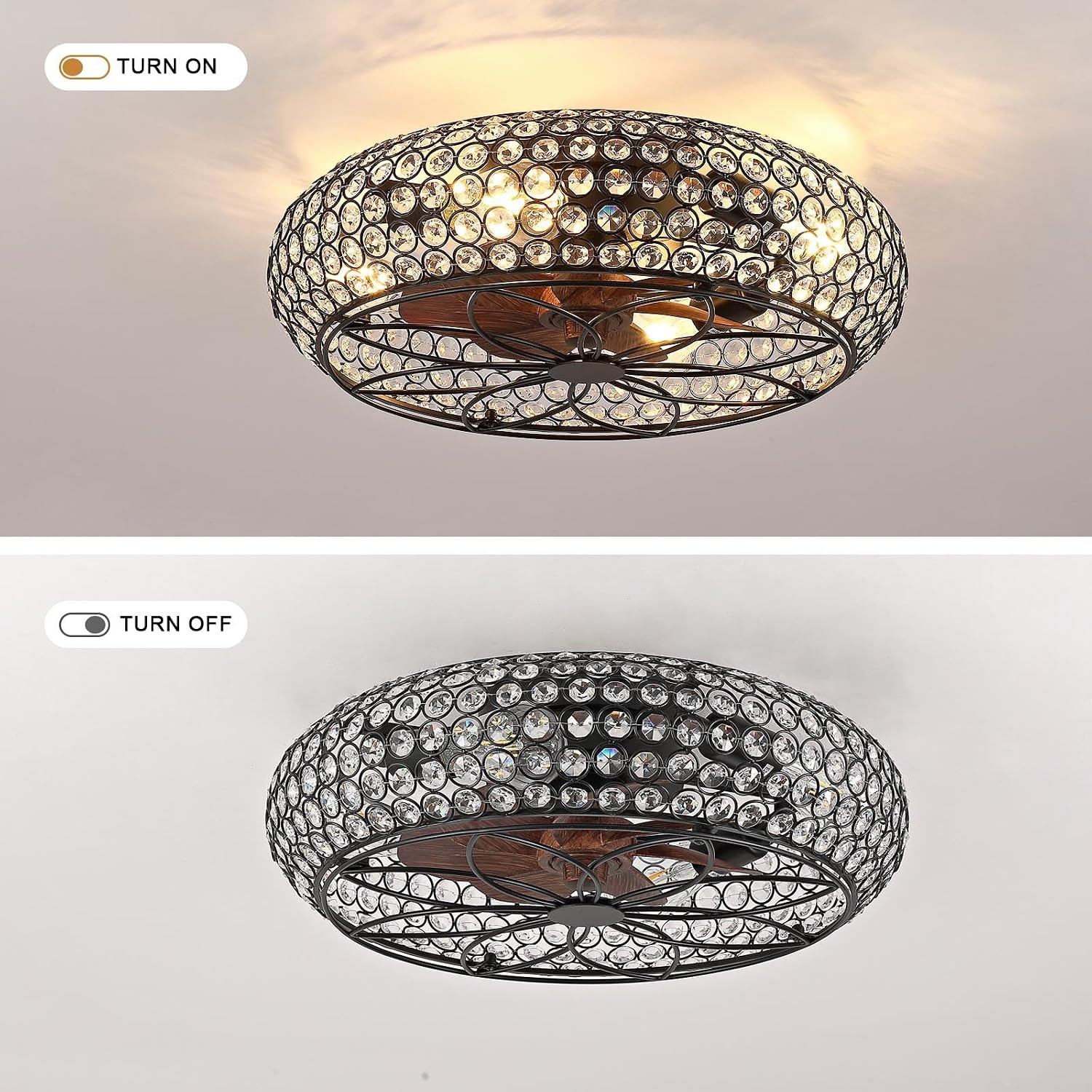 Modern Fandelier Crystal Ceiling Fans with Lights and Remote, 20-Inch Low Profile Bladeless Flush Mount Caged Ceiling Fan for Bedroom, Kitchen,Living Room,Small Ceiling Fan with Light with 6 Speed