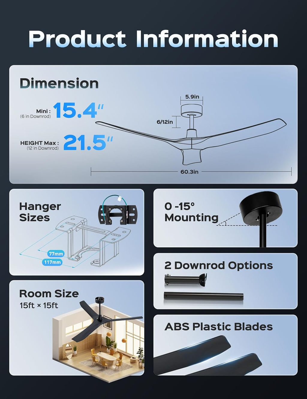 60 Inch Ultra-thin Ceiling Fan Without Lights, Whole Aluminum DC Motor and Blades,6 Speed Adjustable Black Indoor Outdoor Ceiling Fan for Patios and Bedroom