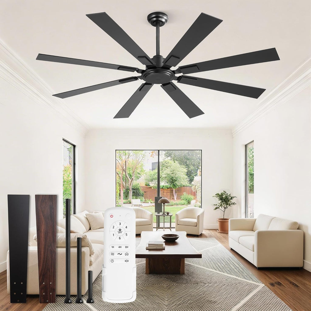 ZMISHIBO 62 Inch Ceiling Fan No Light with Remote, Modern Black Ceiling Fan without Light, Quiet Reversible DC Motor, 6-Speeds, Large Ceiling Fans for Living Room, Bedroom, Patio, Indoor/Outdoor Use