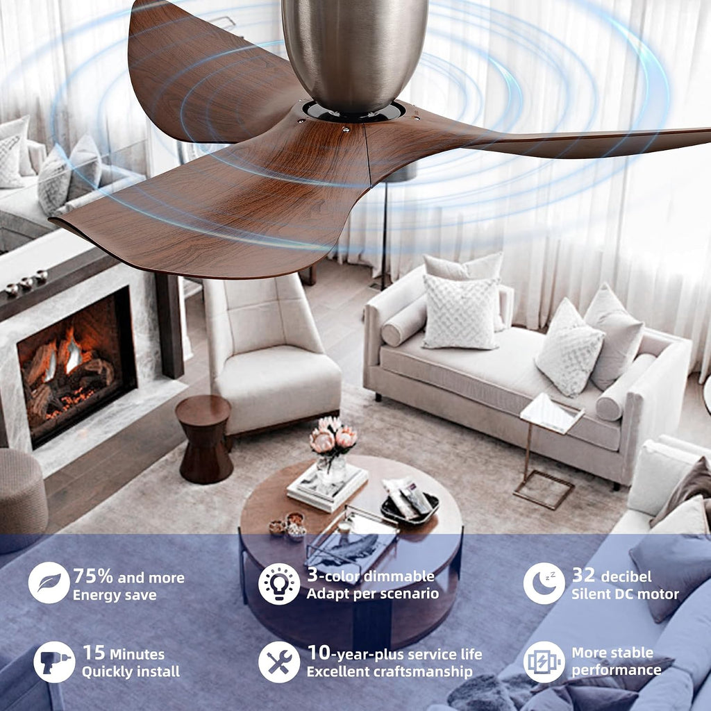 52' Walnut Color Flush Mount Ceiling Fan with Remote, No Light | Modern Low-Profile, Heat Resistant ABS Blades, 6-Speed Reversible Quiet DC Motor for Balcony, Living Room, Bedroom