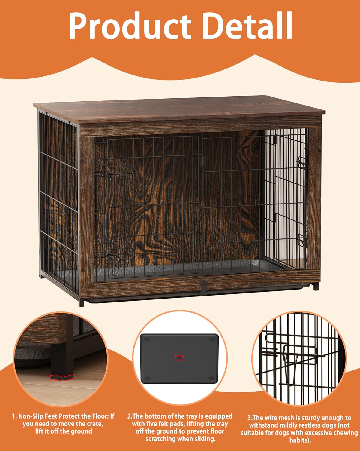 Megidok Wooden Dog Crate Furniture with Cushion, Dog Crate End Table with Tray, Double Doors Dog Crate Furniture Style, Decorative Dog Kennels Indoor (37' L*25' W*26' H, Rustic Style)