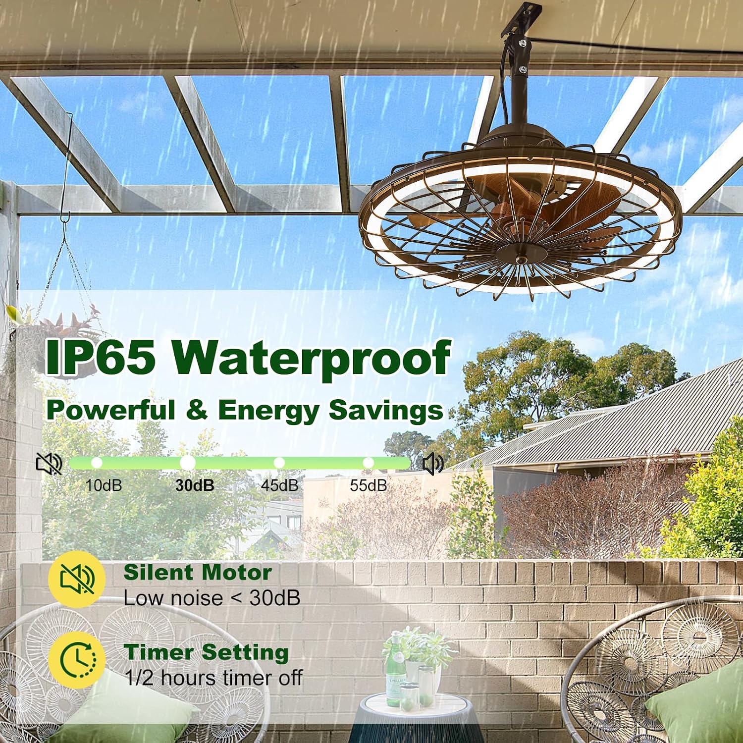 20' Outdoor Ceiling Fans with Light for Patios, IP65 Waterproof Plug in Ceiling Fan, Gazebo Hanging Fan with Remote Control App, Dimmable LED, 6-Speeds for Porch Pergola