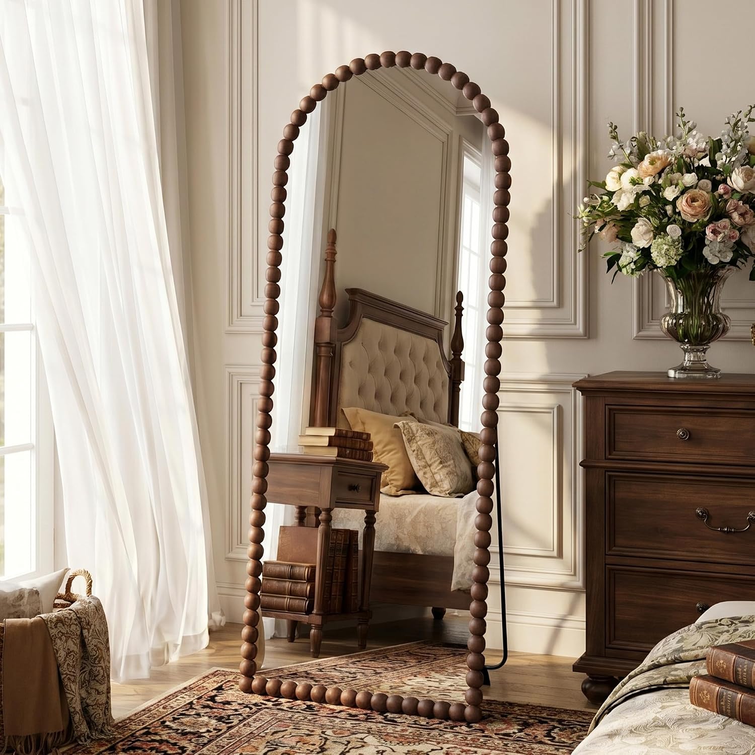 Antok 58' x 21' Arched Full Length Mirror, Antique Beaded Frame Floor Standing or Wall Mounted Mirror with Stand for Bedroom, Entryway, Brown, Luxury Style