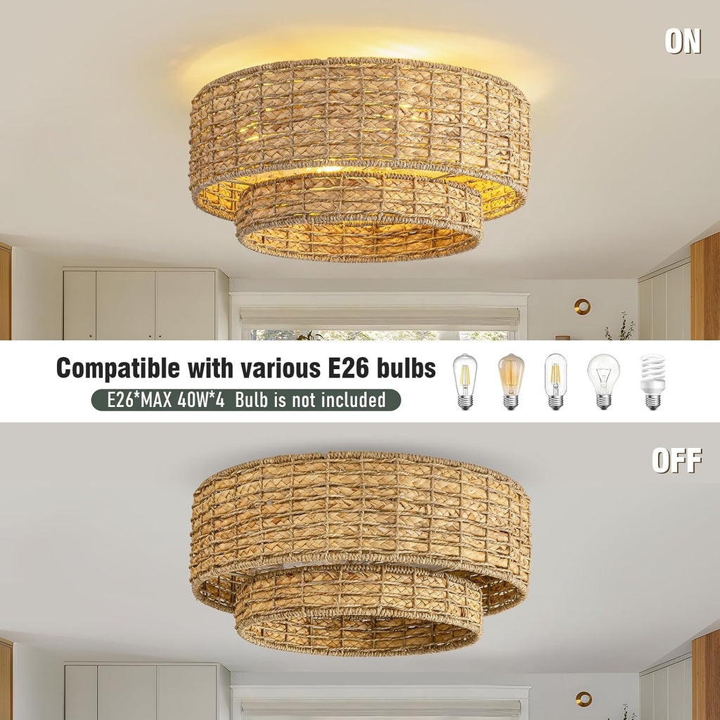18'' Boho Caged Ceiling Fan with Light and Remote, Rattan Flush Mount Ceiling Fan, Low Profile Fandelier with 6 Speeds for Bedroom Living Room Kids Room Nursery Kitchen