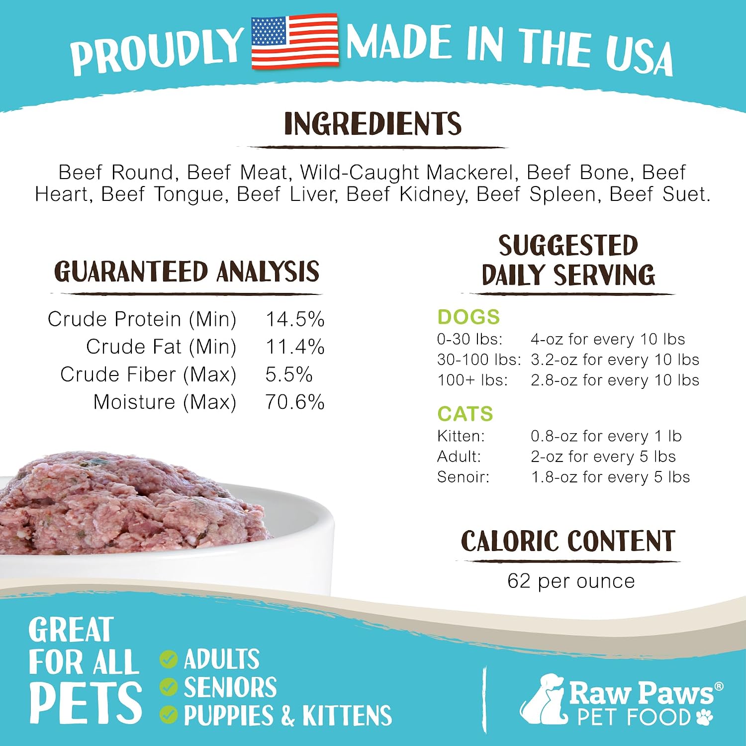 Raw Paws Signature Blend Pet Food for Dogs & Cats - Beef & Wild-Caught Mackerel Recipe, 1-lb Rolls (20 Pack) - Freshly Made in USA Natural Beef Fish Dog Food - Mackerel for Dogs, Raw Cat Food