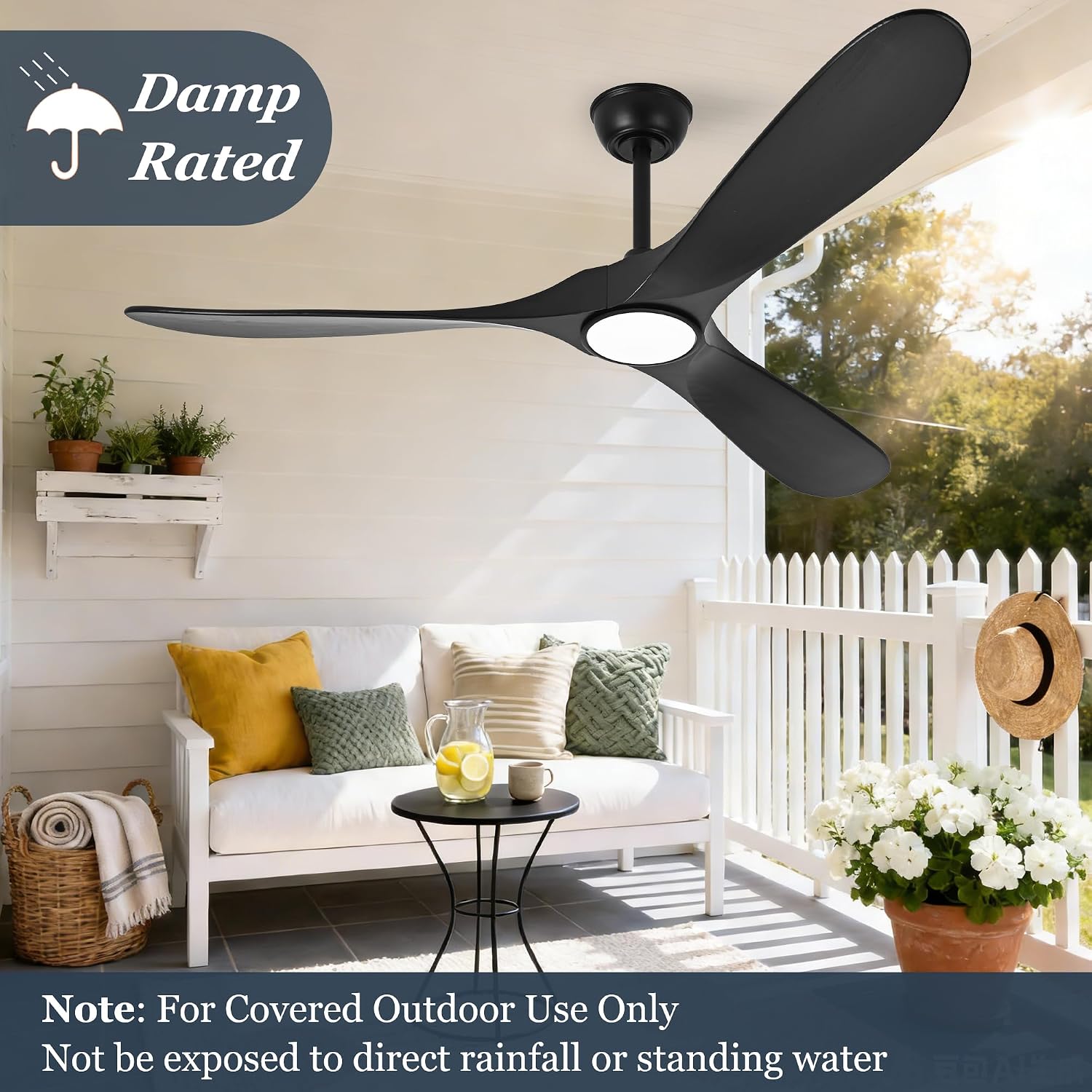 Black Ceiling Fan with Light 52 Inch, Outdoor Ceiling Fans with Lights and Remote for Indoor Bedroom Living Room Patios Gazebo Modern Wooden 3 Blade Propeller Wet Rated Reversible DC Fan