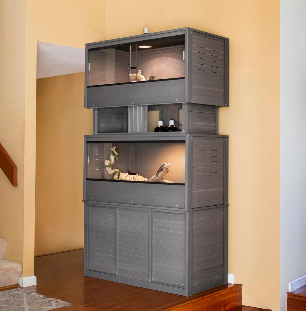 New Age Pet ECOFLEX Two Large Reptile Enclosures with Matching Stacker and Cabinet Stand Set in Grey