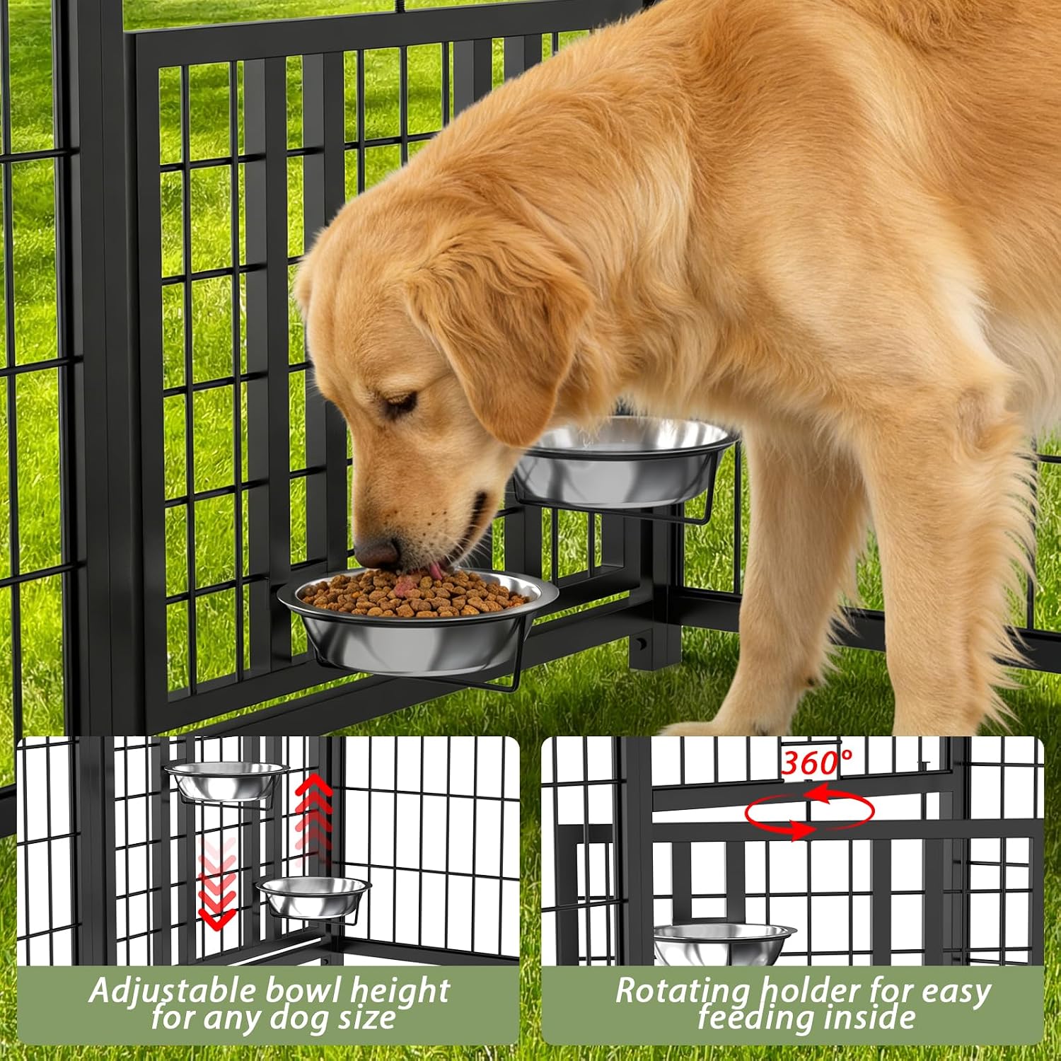 LOVMOR Outdoor Dog Kennel with Roof, Heavy Duty Steel Dog Run Enclosure for Large Dogs, Waterproof Canopy, Double Latch Door, Adjustable Feeding Bowls, Pet Pen for Yard and Patio, 10'L x 10'W x 6.5'H