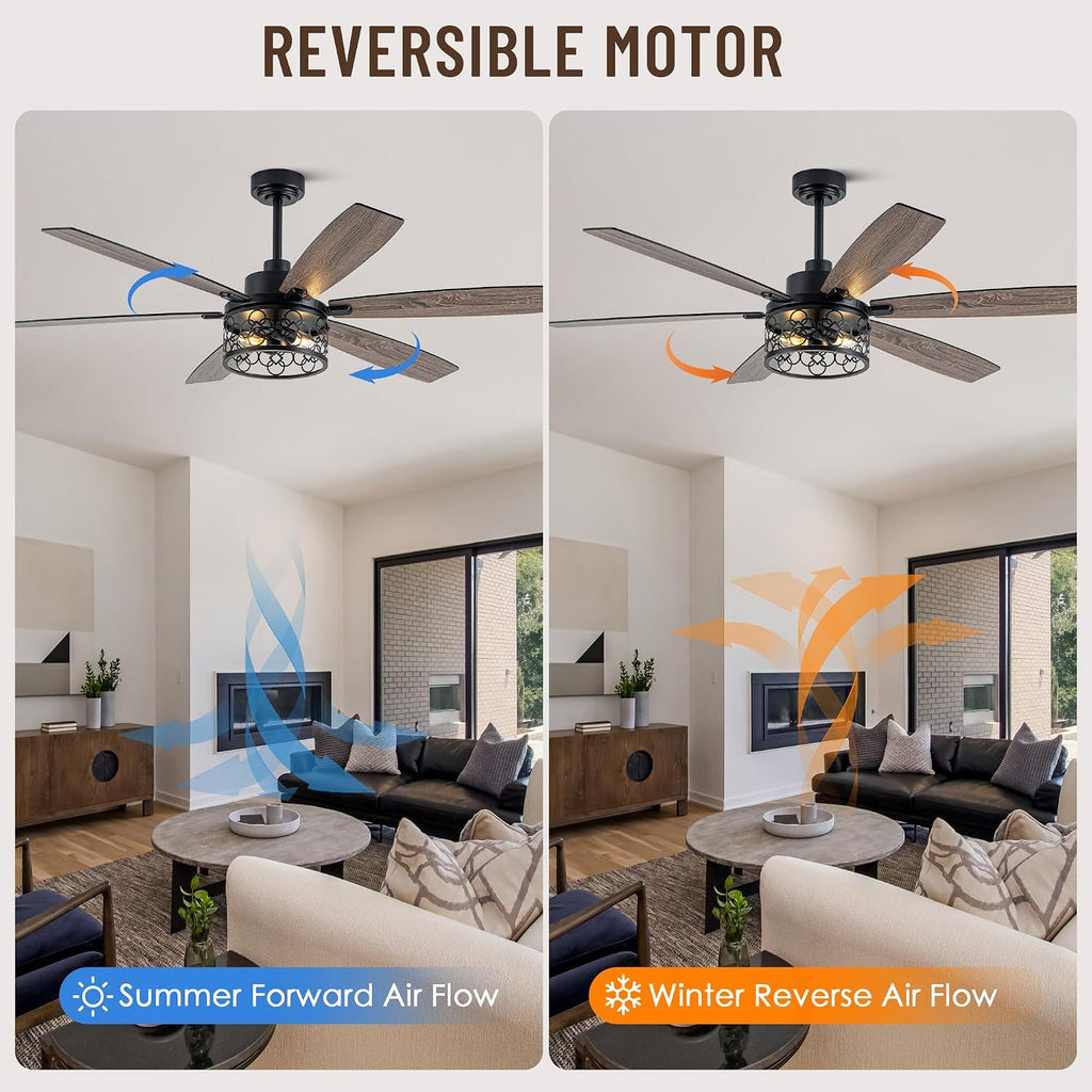 60' Large Ceiling Fans with Lights, Modern Farmhouse Caged Ceiling Fan with Light and Remote, Reversible Motor, 6 Double Finish Wood Blades, Black Rustic Industrial Ceiling Fan for Living Room
