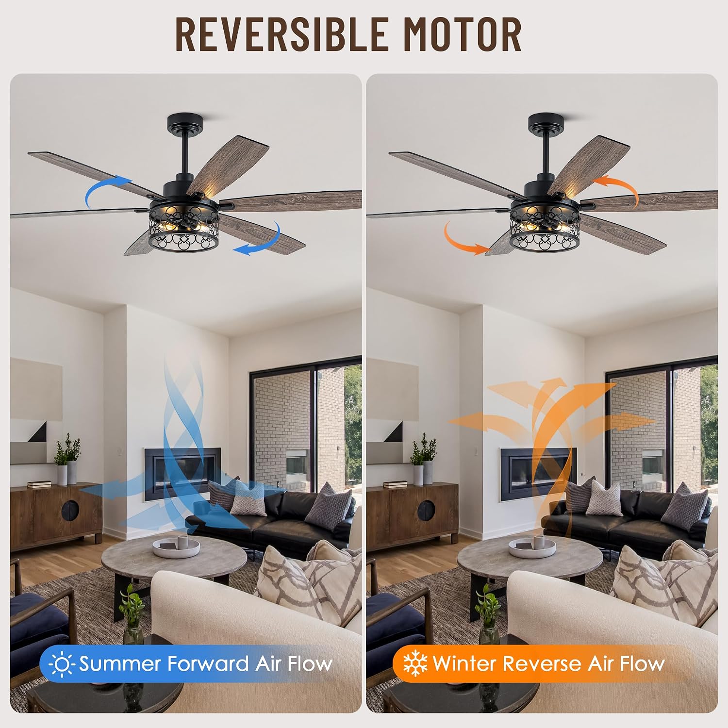 60' Large Ceiling Fans with Lights, Modern Farmhouse Caged Ceiling Fan with Light and Remote, Reversible Motor, 6 Double Finish Wood Blades, Black Rustic Industrial Ceiling Fan for Living Room