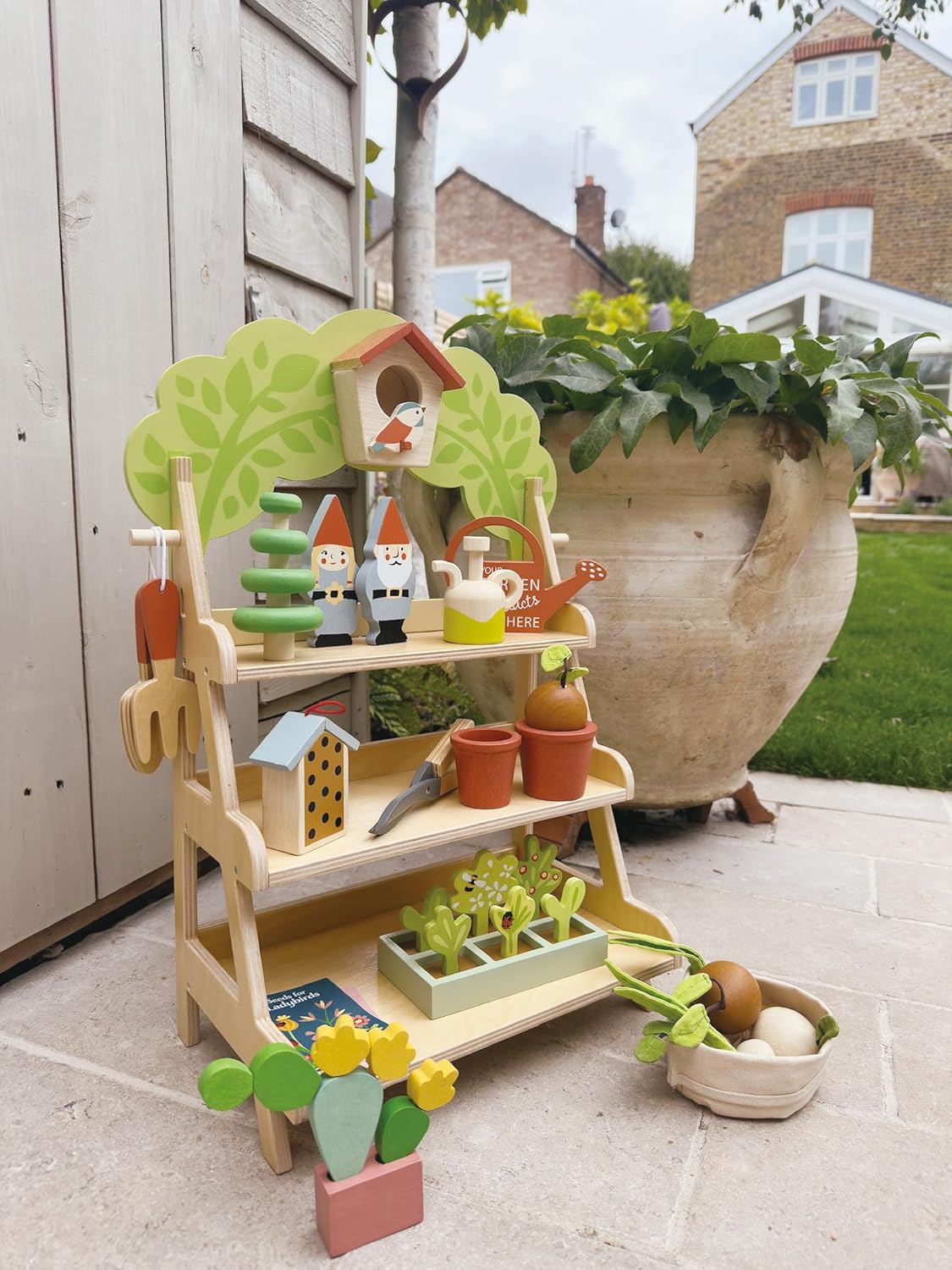 Tender Leaf Toys - Garden Centre - Wood Pretend Play Gardening Set Including Tools, Bird House, Gnomes and Accessories - Encourages Imaginative Play, Improves Language and Fine Motor Skills - Age 3+